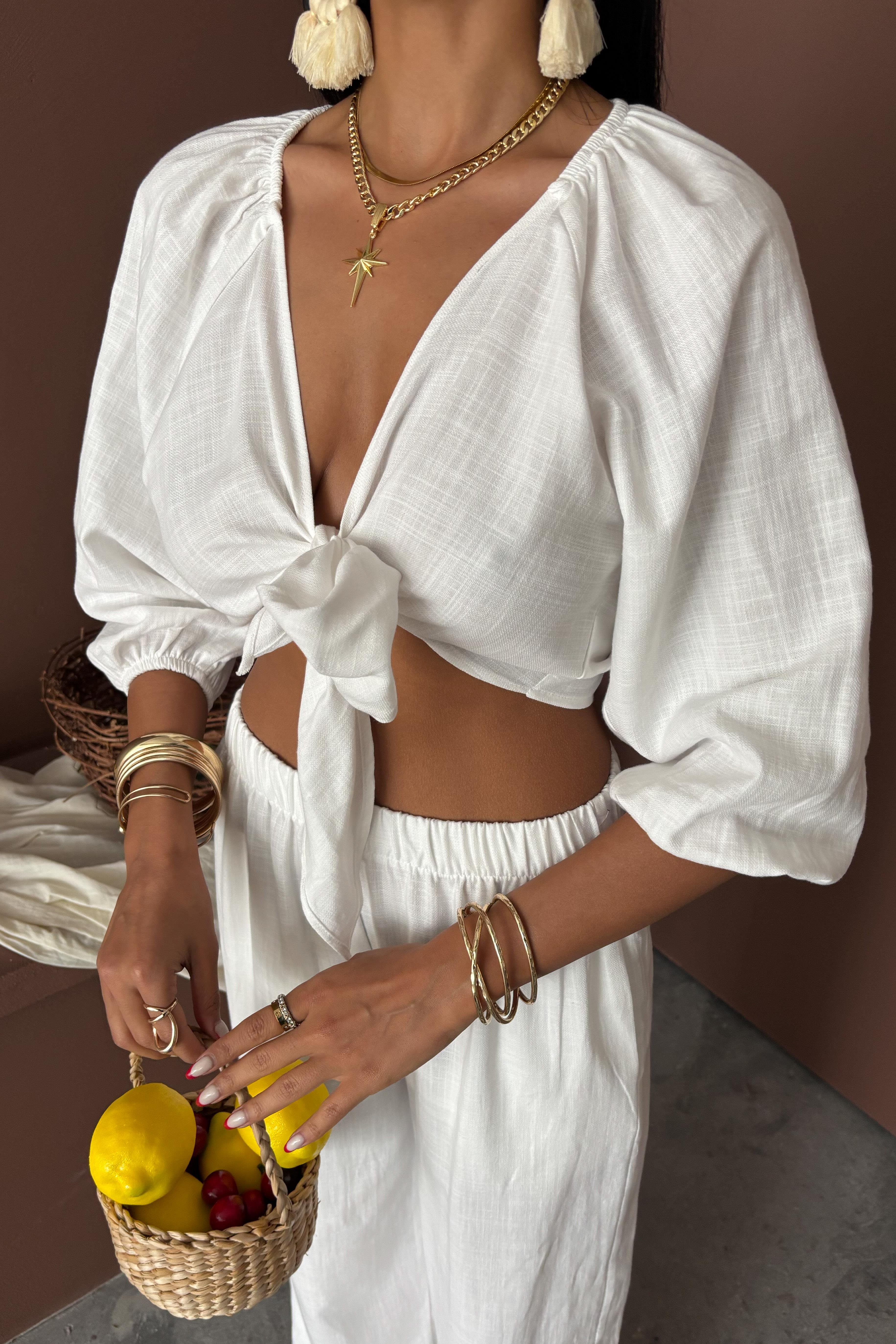 Balon Kollu ve Bağlama Detaylı Keten Takım 10182