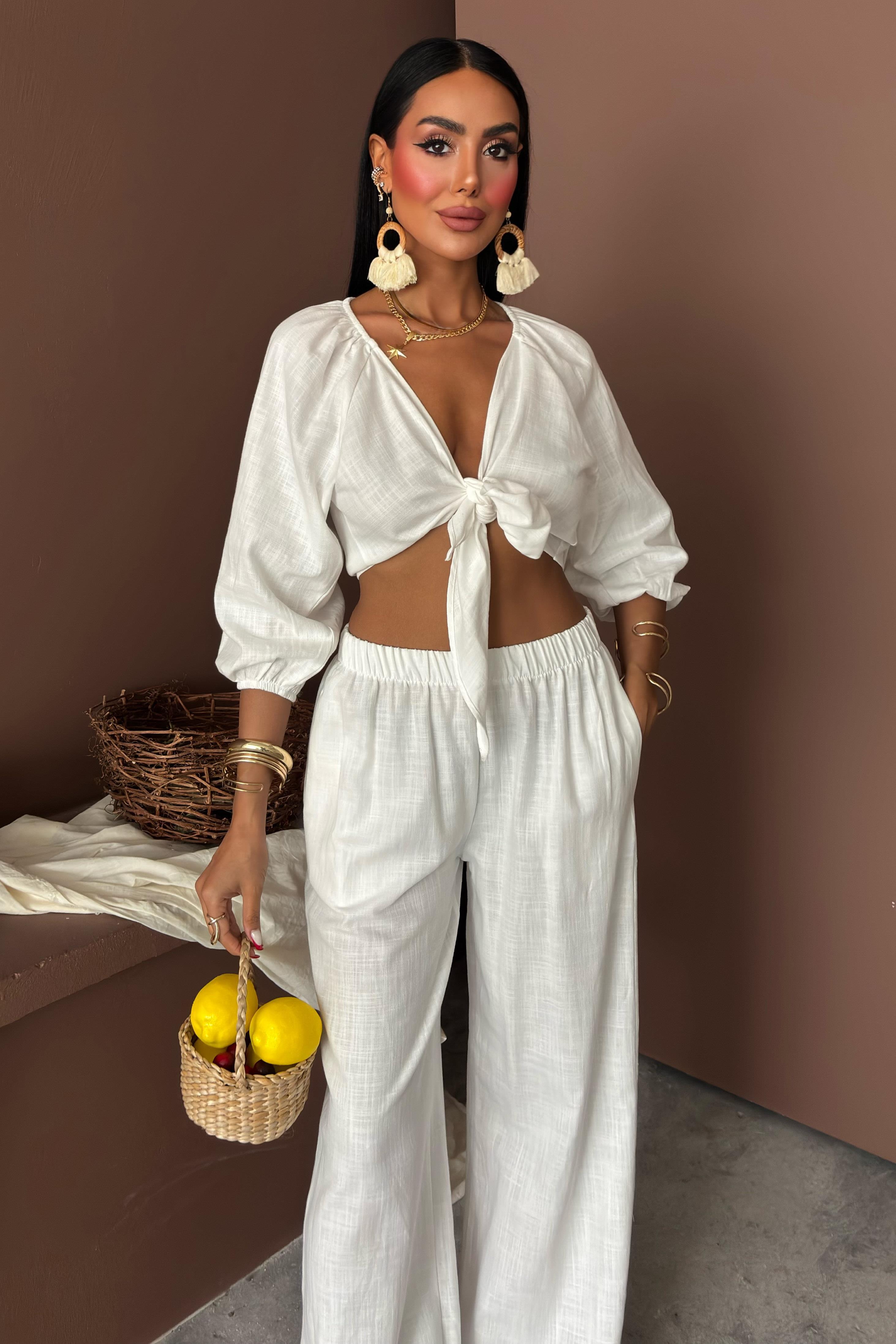 Balon Kollu ve Bağlama Detaylı Keten Takım 10182