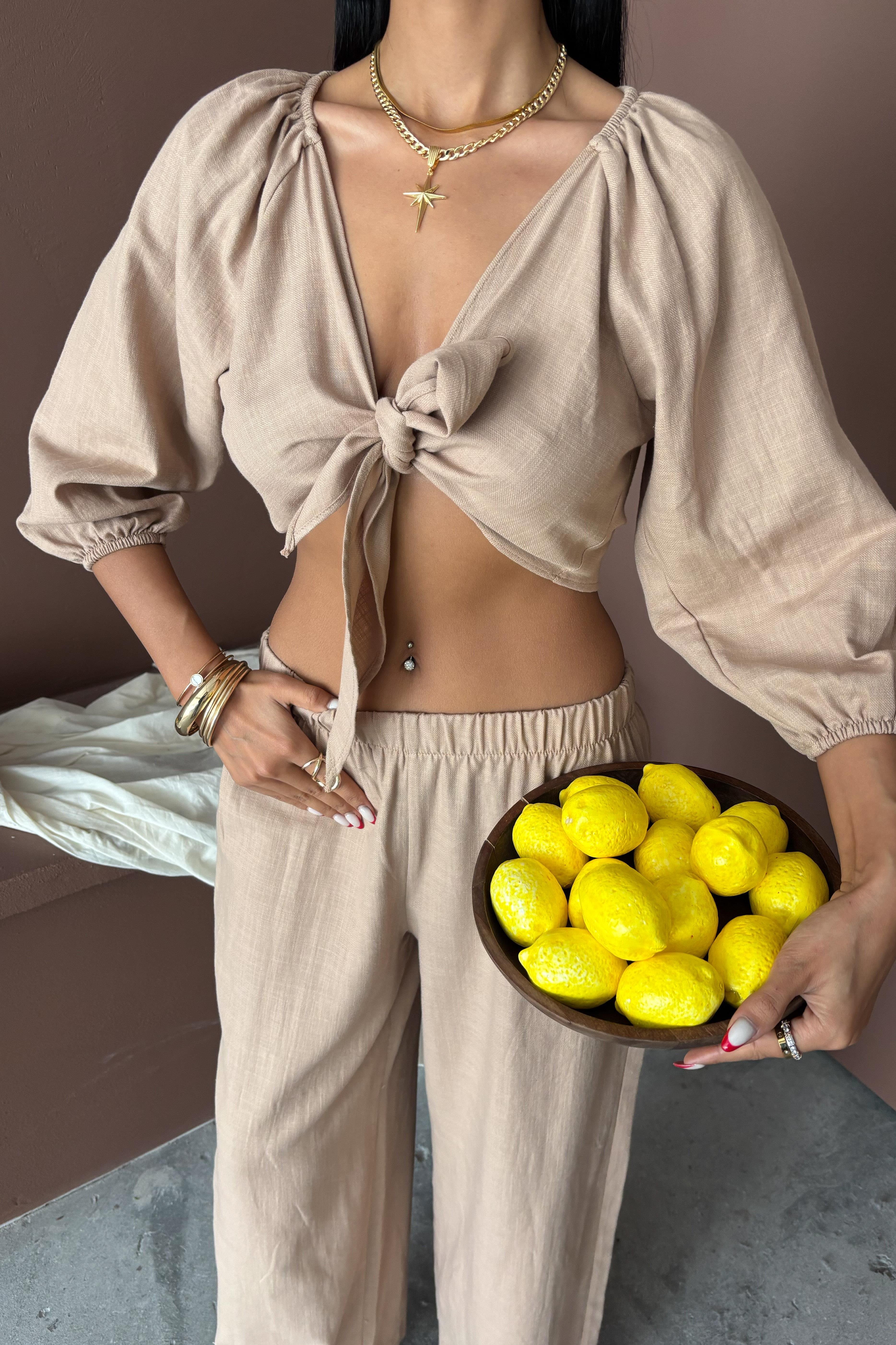 Balon Kollu ve Bağlama Detaylı Keten Takım 10182