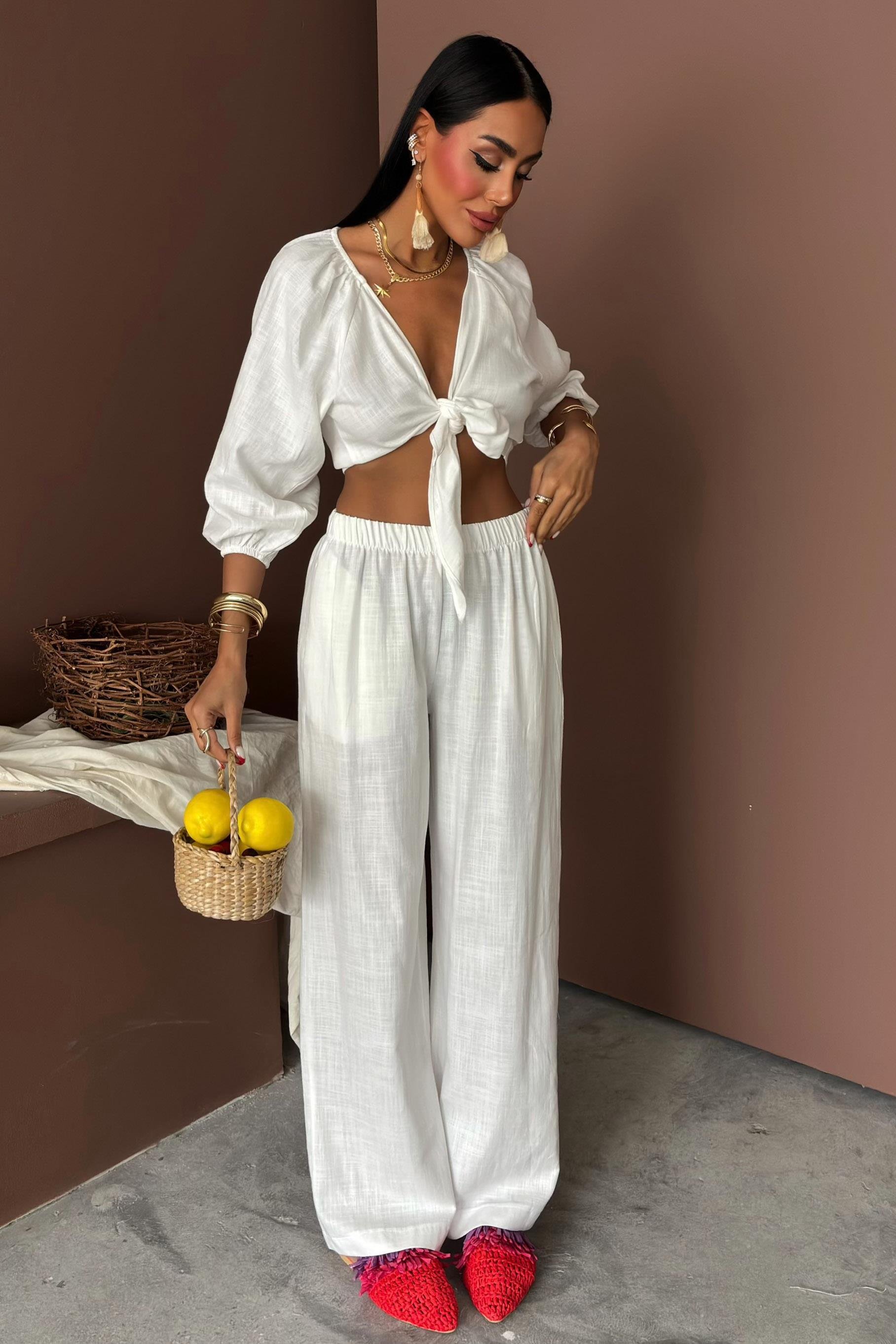 Balon Kollu ve Bağlama Detaylı Keten Takım 10182