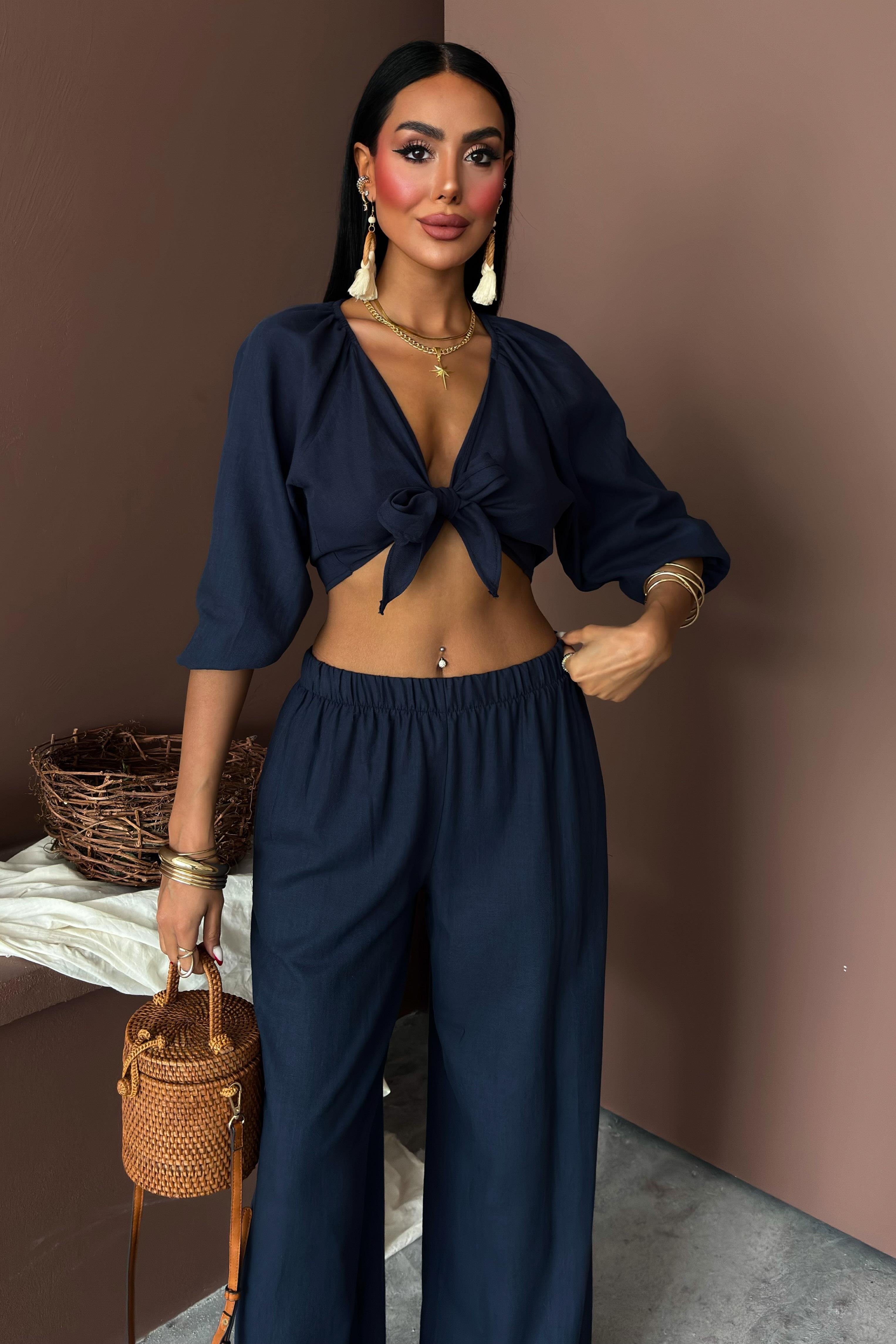 Balon Kollu ve Bağlama Detaylı Keten Takım 10182