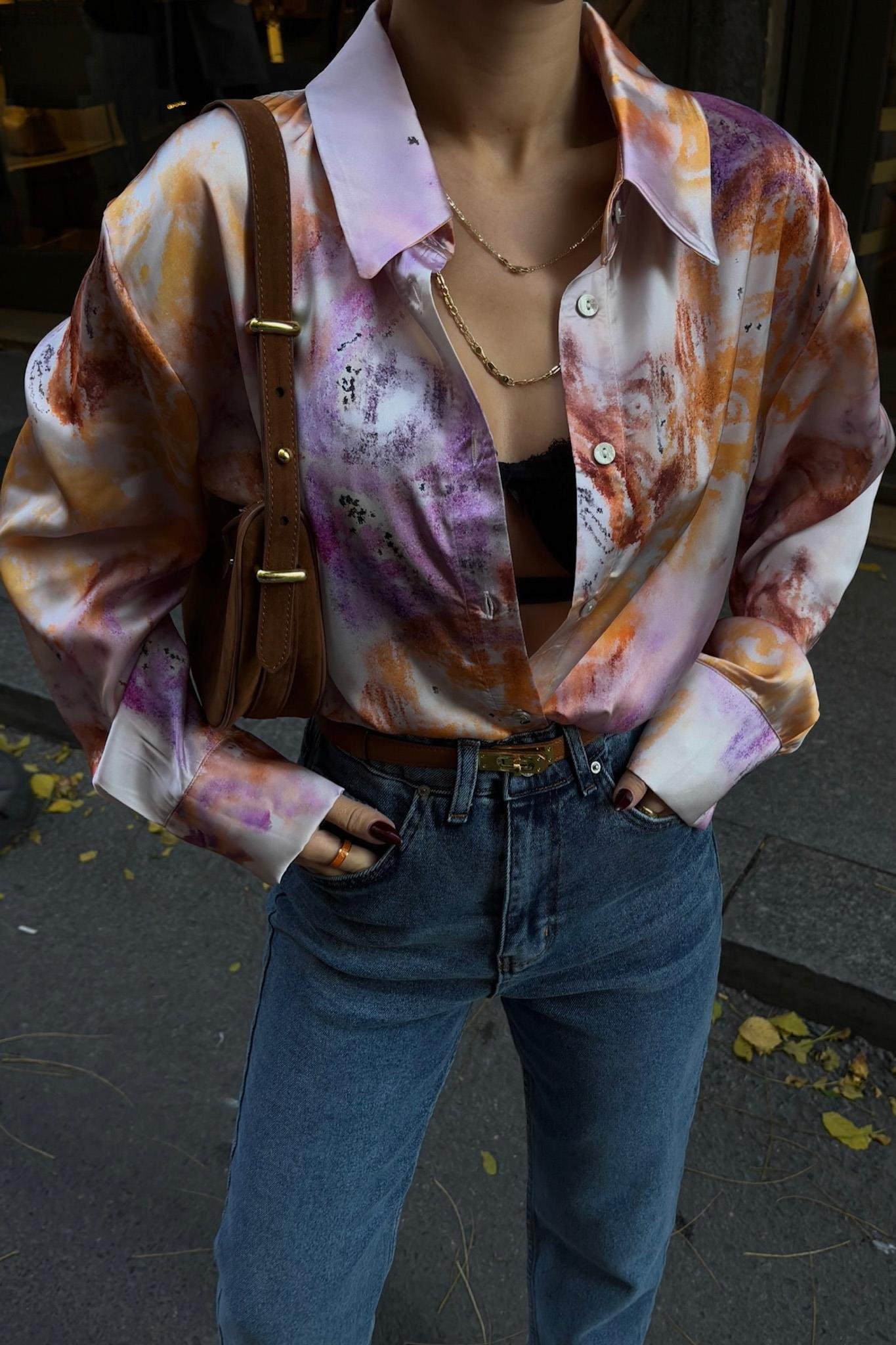 Batik Desenli Saten Gömlek 3409 R9-B-K2