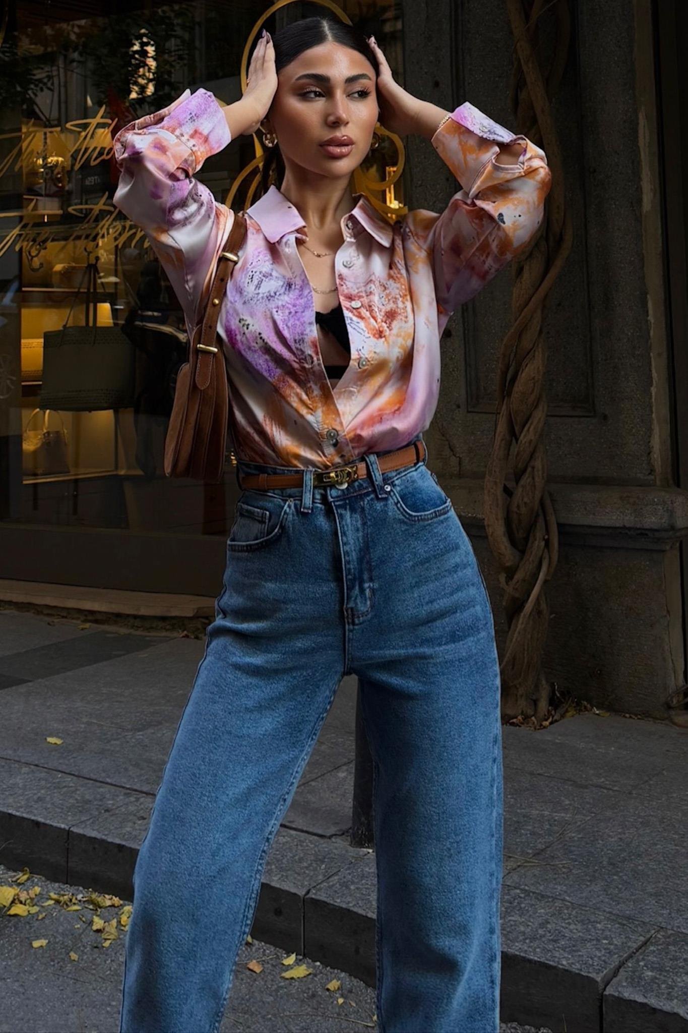 Batik Desenli Saten Gömlek 3409 R9-B-K2