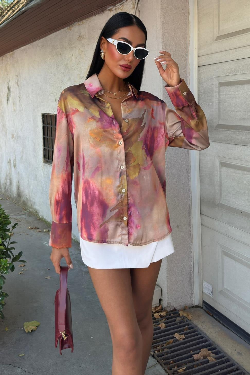 Batik Desenli Saten Gömlek 3445 R9-C-K2