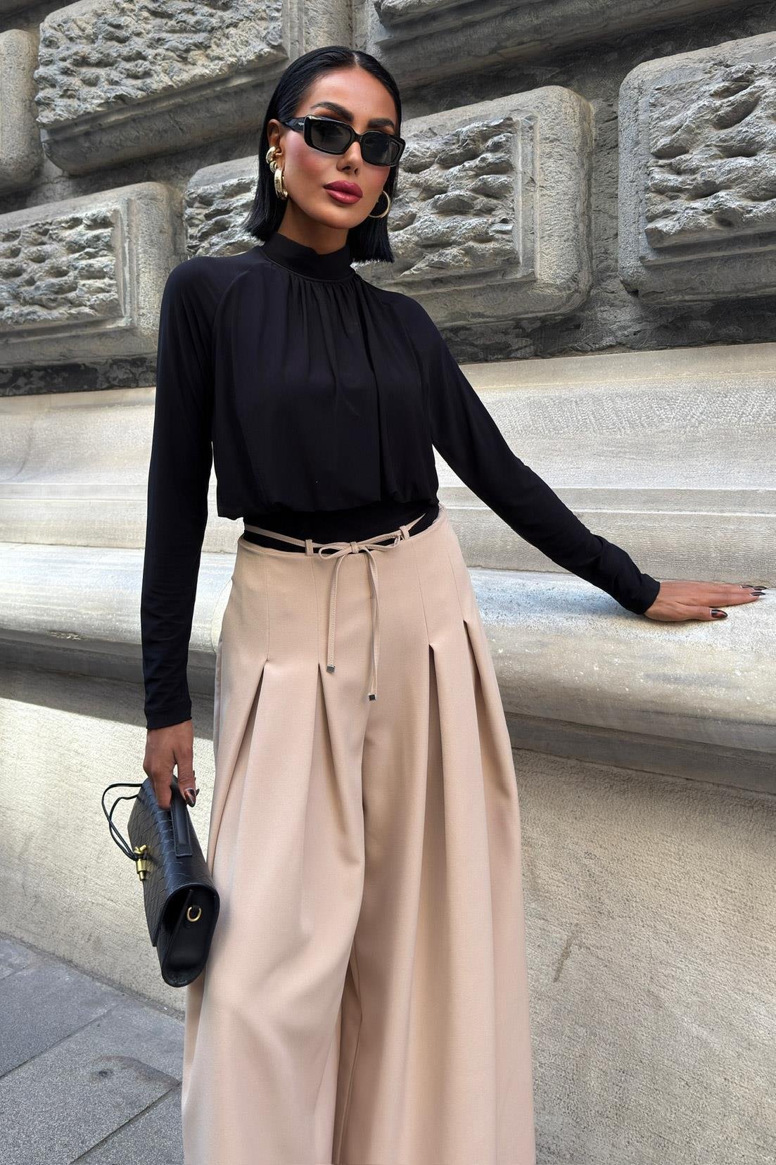 Bel Bağlama Detaylı Pileli Salaş Pantolon 0084 R9-G-K5