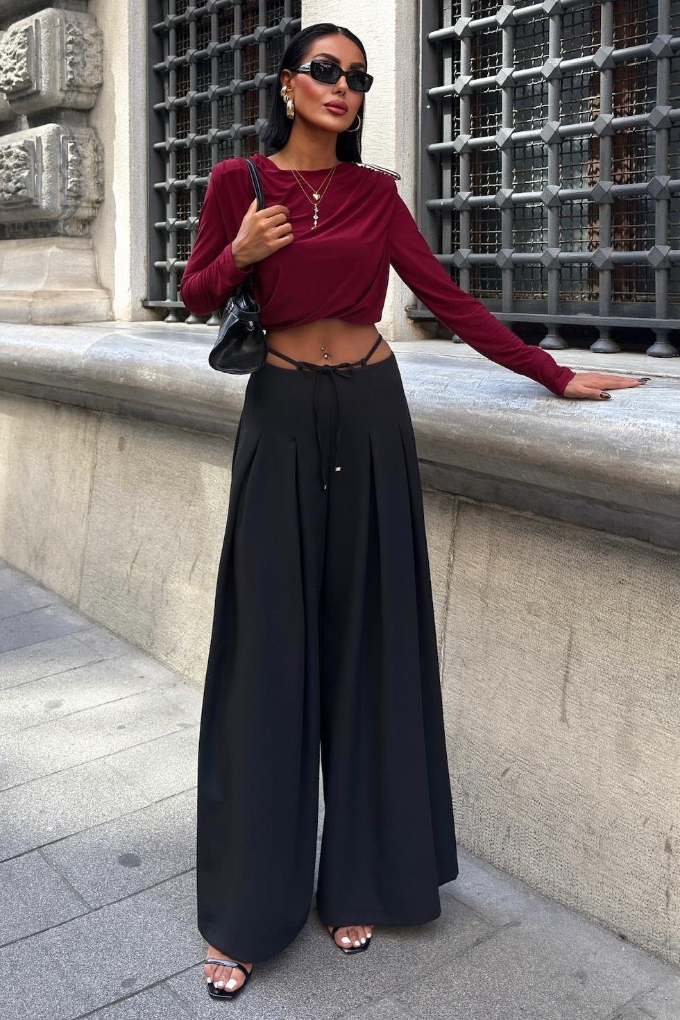 Bel Bağlama Detaylı Pileli Salaş Pantolon 0084 R9-G-K5