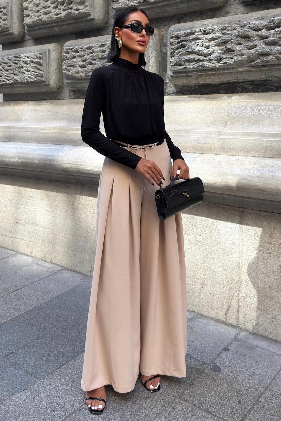 Bel Bağlama Detaylı Pileli Salaş Pantolon 0084 R9-G-K5