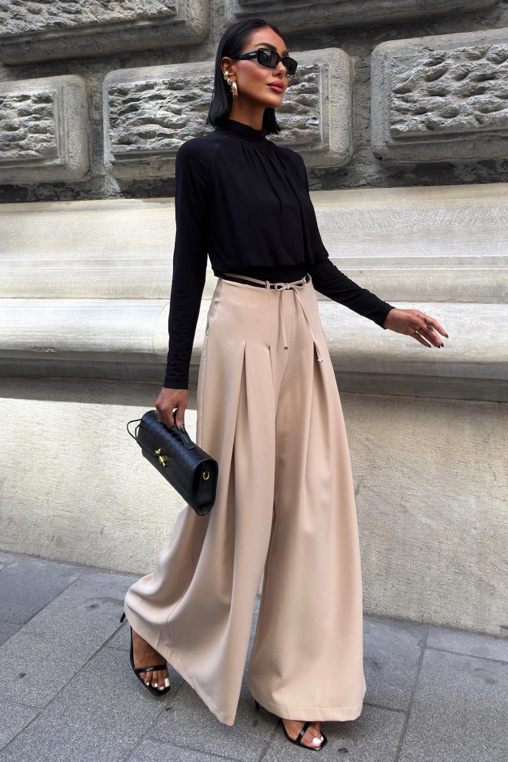 Bel Bağlama Detaylı Pileli Salaş Pantolon 0084 R9-G-K5