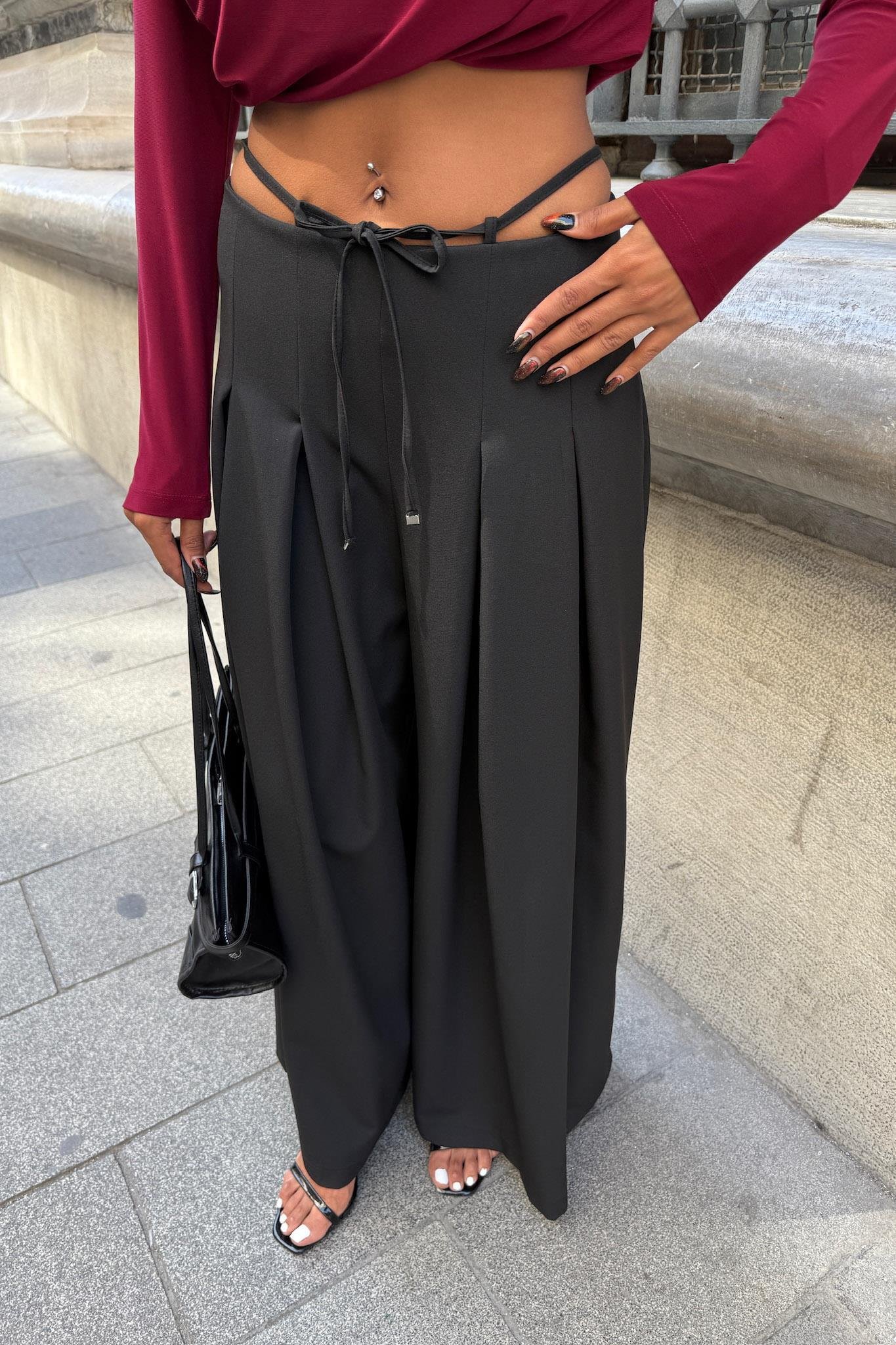 Bel Bağlama Detaylı Pileli Salaş Pantolon 0084 R9-G-K5