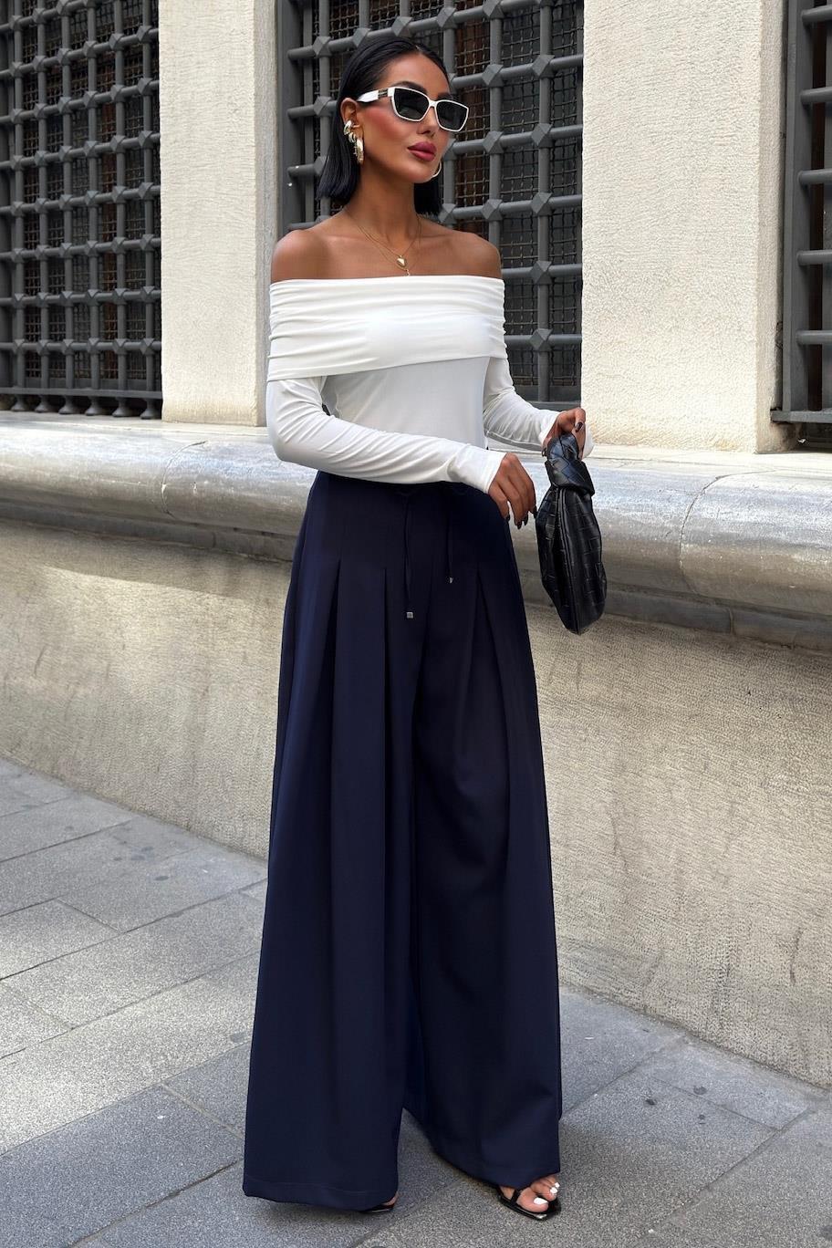 Bel Bağlama Detaylı Pileli Salaş Pantolon 0084 R9-G-K5