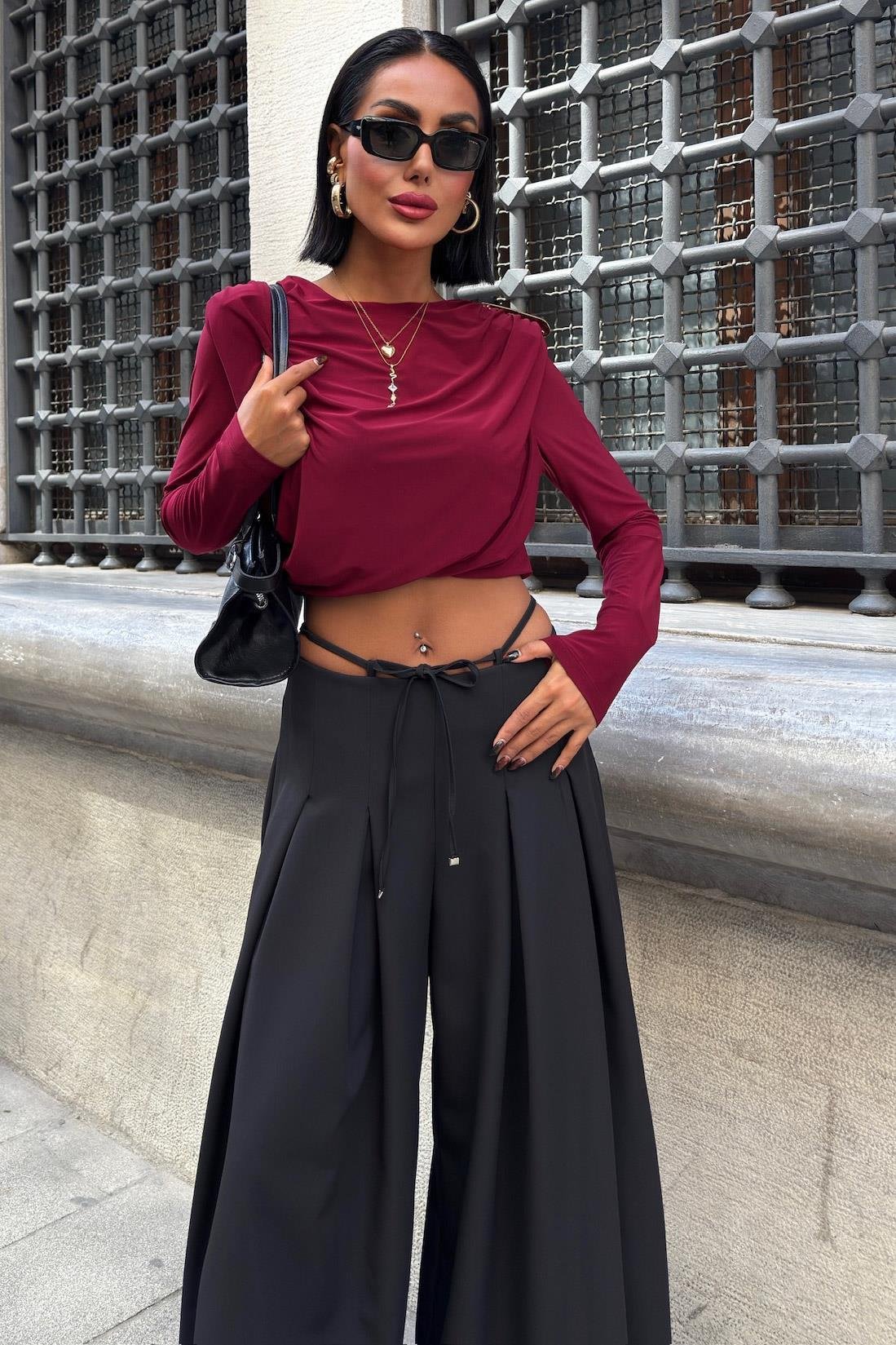 Bel Bağlama Detaylı Pileli Salaş Pantolon 0084 R9-G-K5