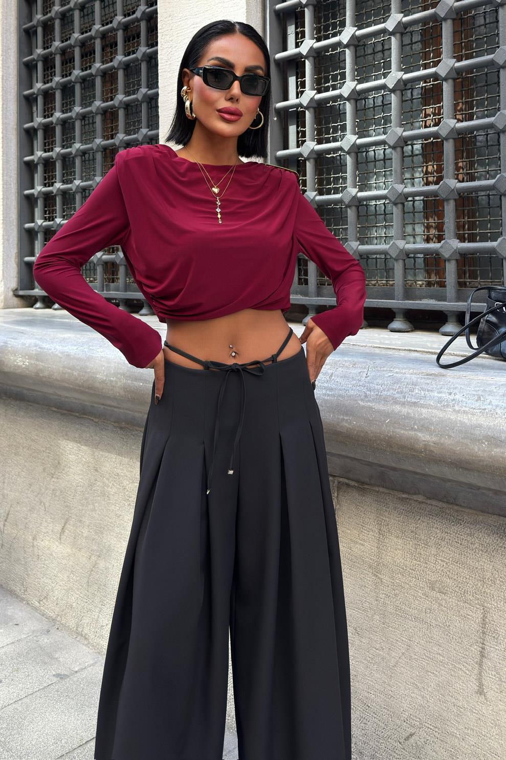 Bel Bağlama Detaylı Pileli Salaş Pantolon 0084 R9-G-K5