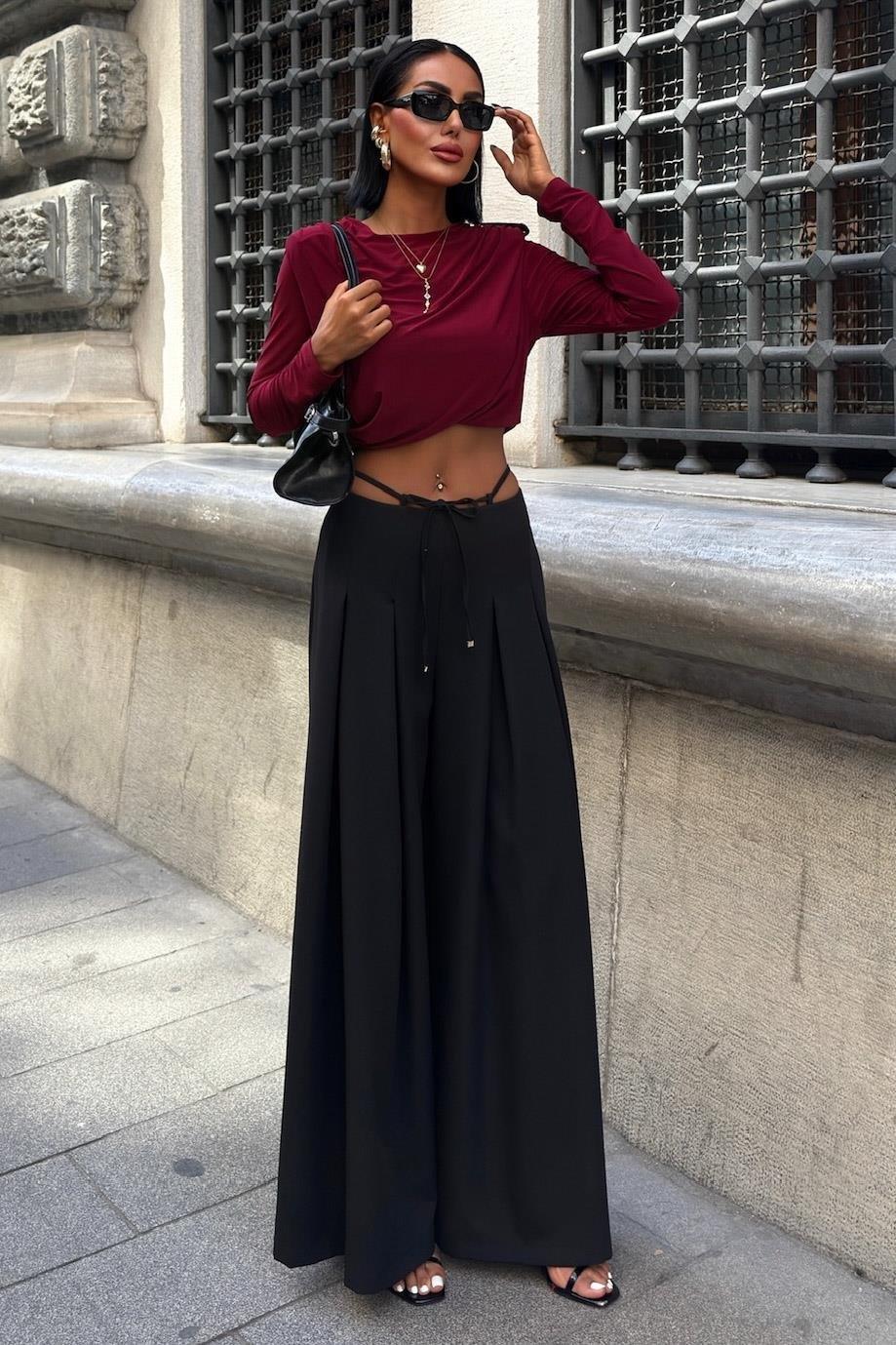 Bel Bağlama Detaylı Pileli Salaş Pantolon 0084 R9-G-K5