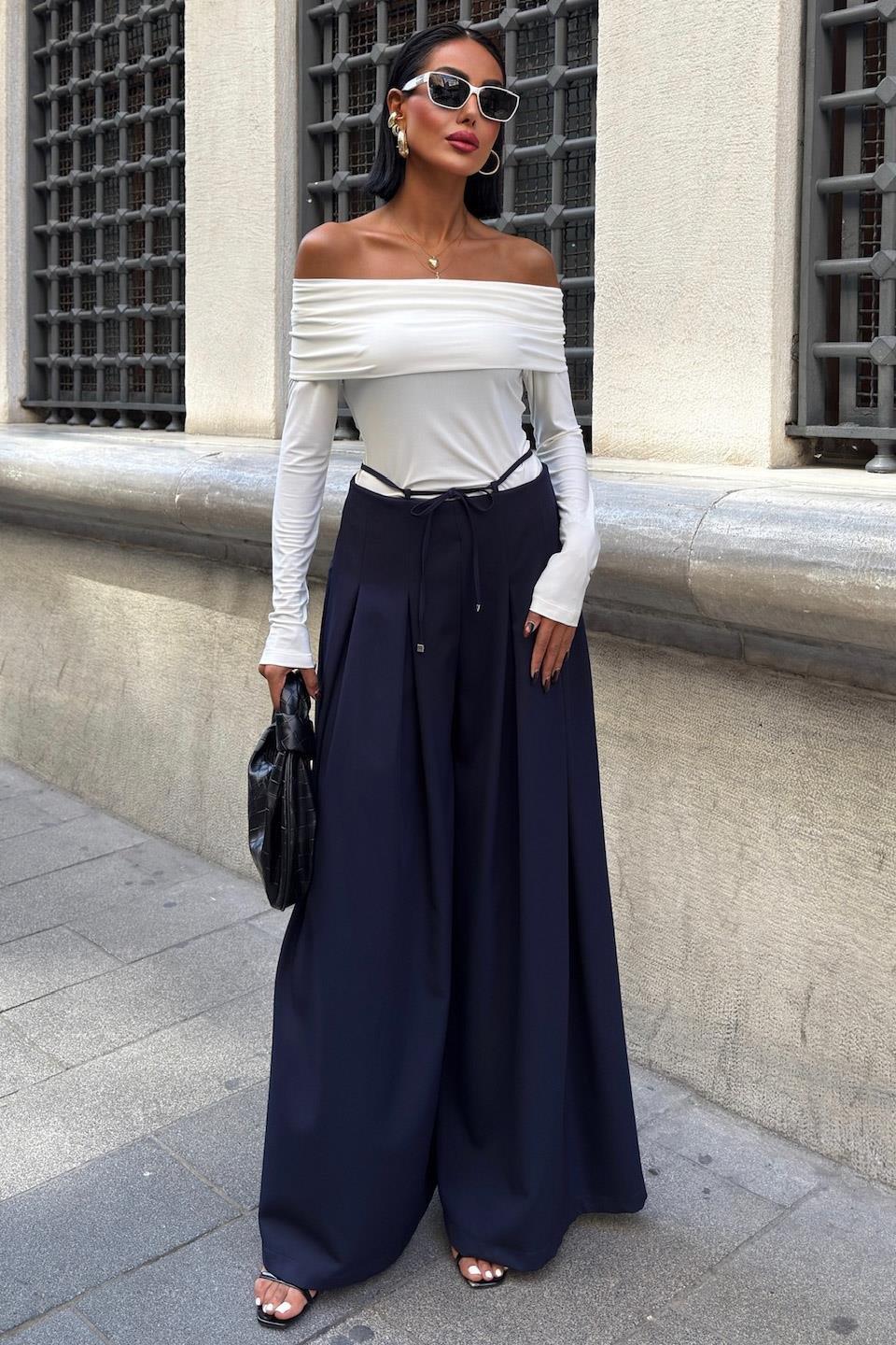 Bel Bağlama Detaylı Pileli Salaş Pantolon 0084 R9-G-K5