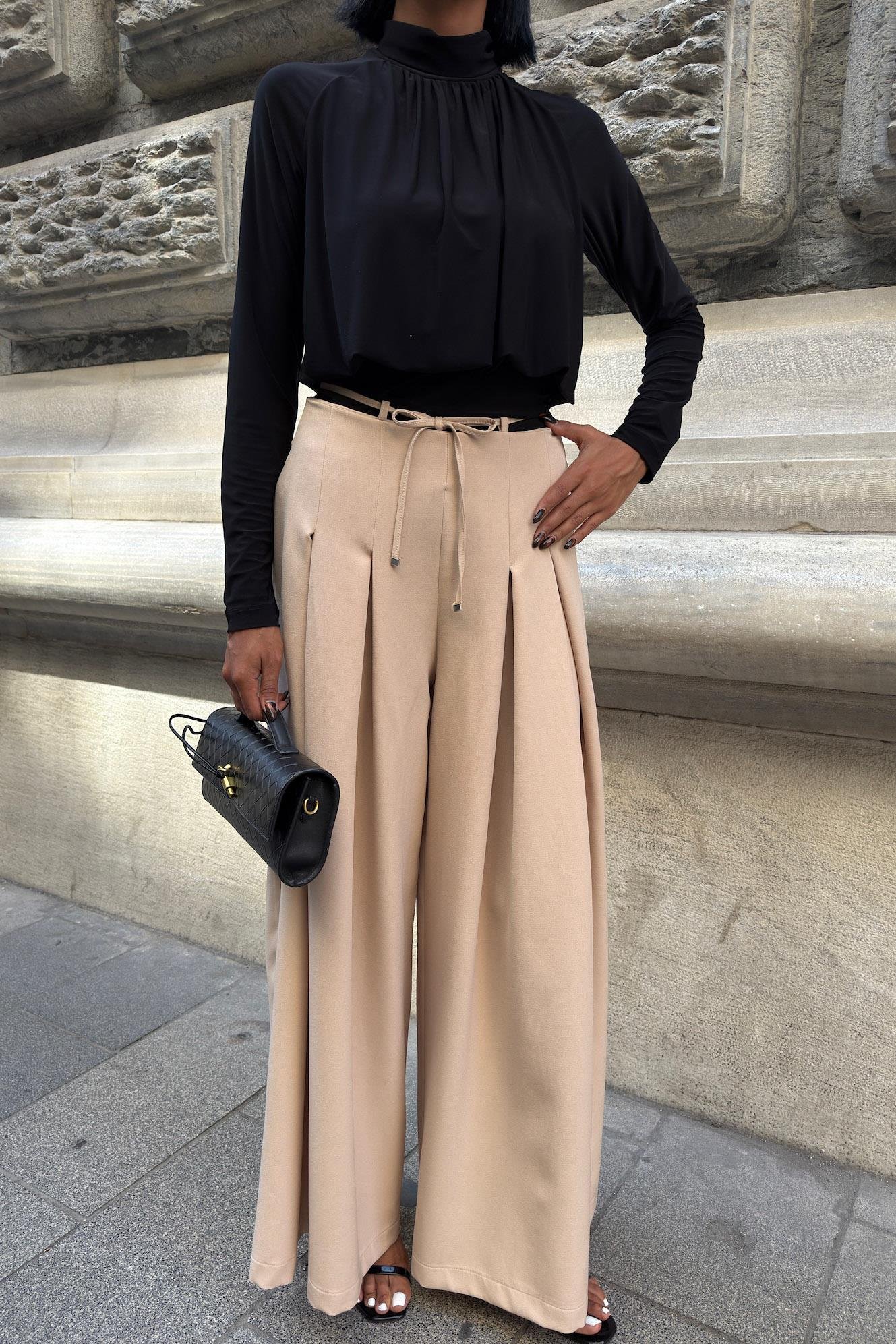 Bel Bağlama Detaylı Pileli Salaş Pantolon 0084 R9-G-K5