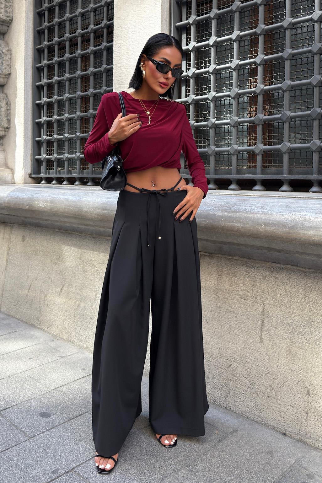 Bel Bağlama Detaylı Pileli Salaş Pantolon 0084 R9-G-K5