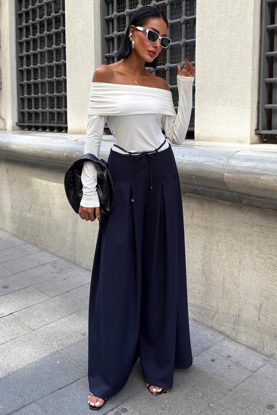 Bel Bağlama Detaylı Pileli Salaş Pantolon 0084 R9-G-K5