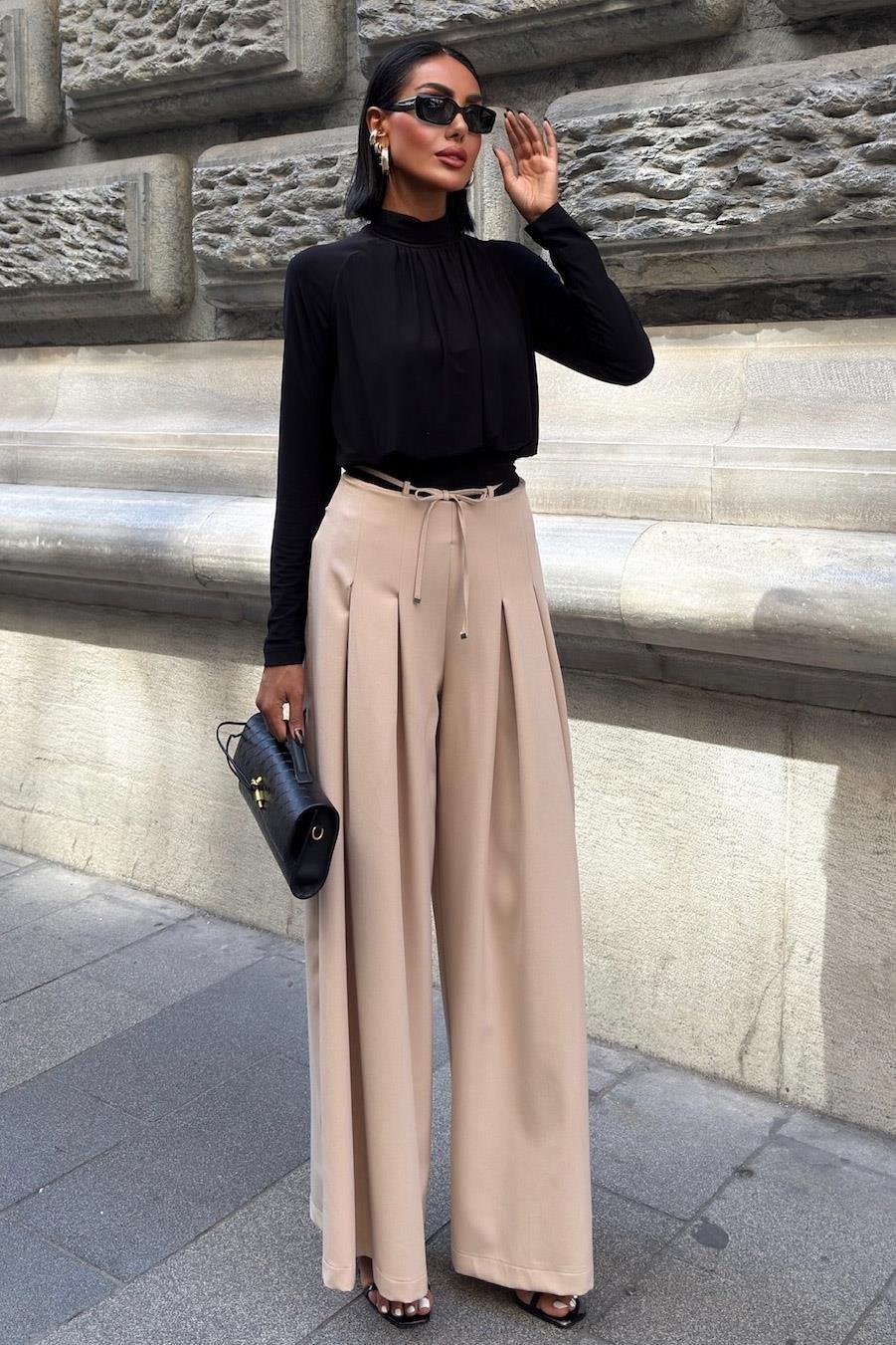 Bel Bağlama Detaylı Pileli Salaş Pantolon 0084 R9-G-K5