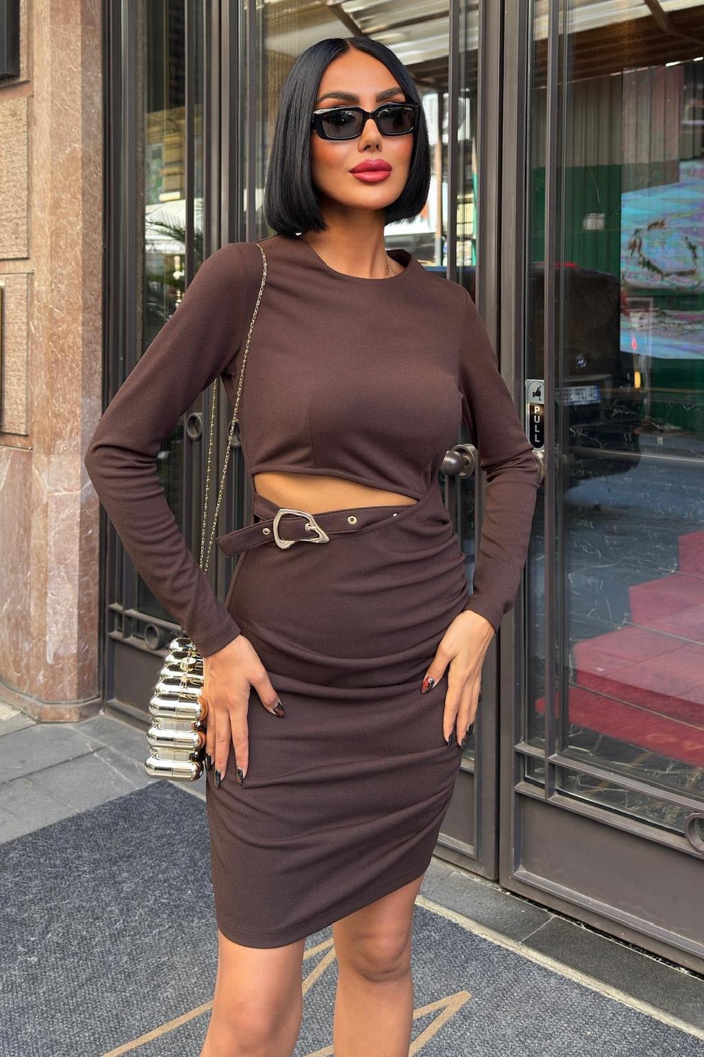 Beli Dekolte ve Kemer Detaylı Sandy Elbise 2917 R6-B-K2