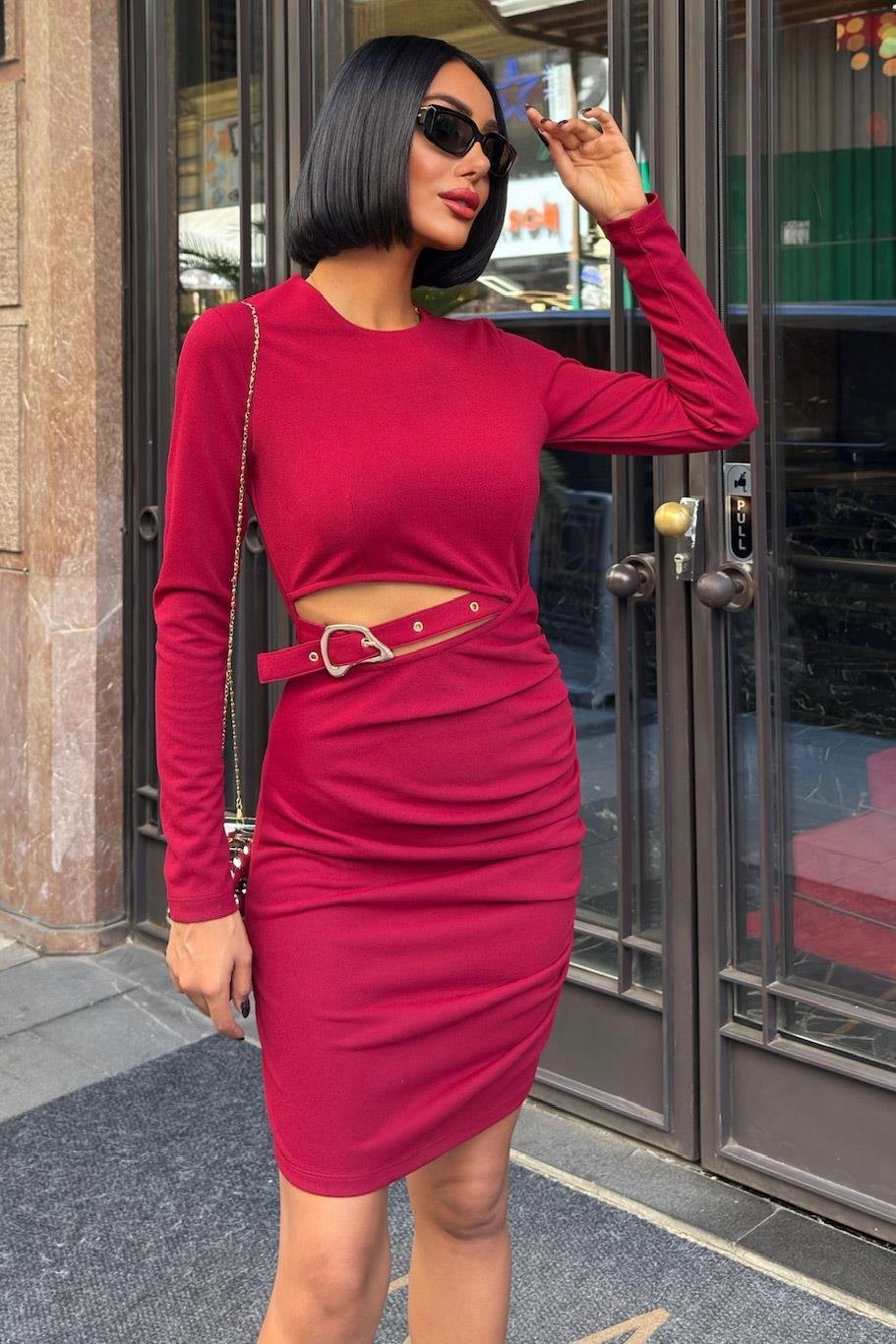 Beli Dekolte ve Kemer Detaylı Sandy Elbise 2917 R6-B-K2