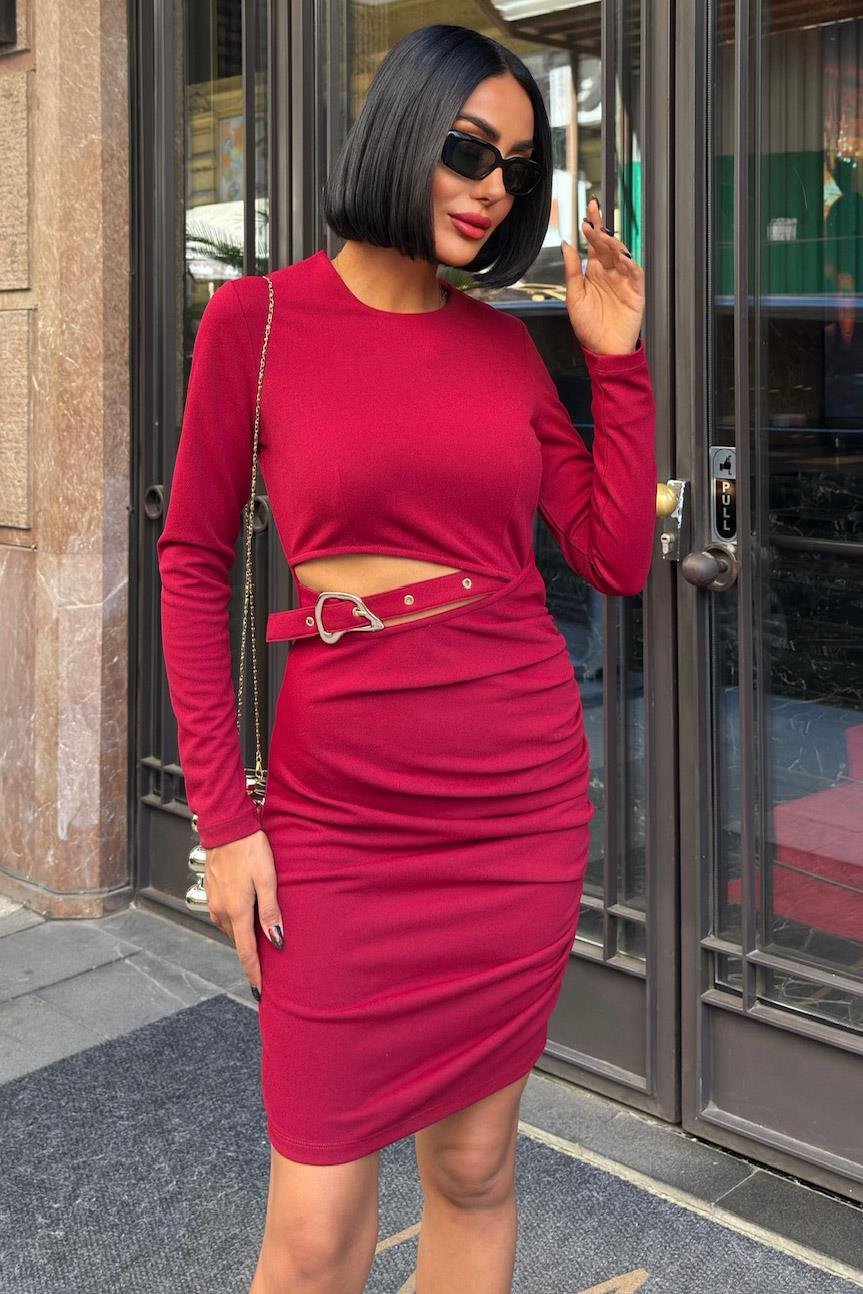 Beli Dekolte ve Kemer Detaylı Sandy Elbise 2917 R6-B-K2