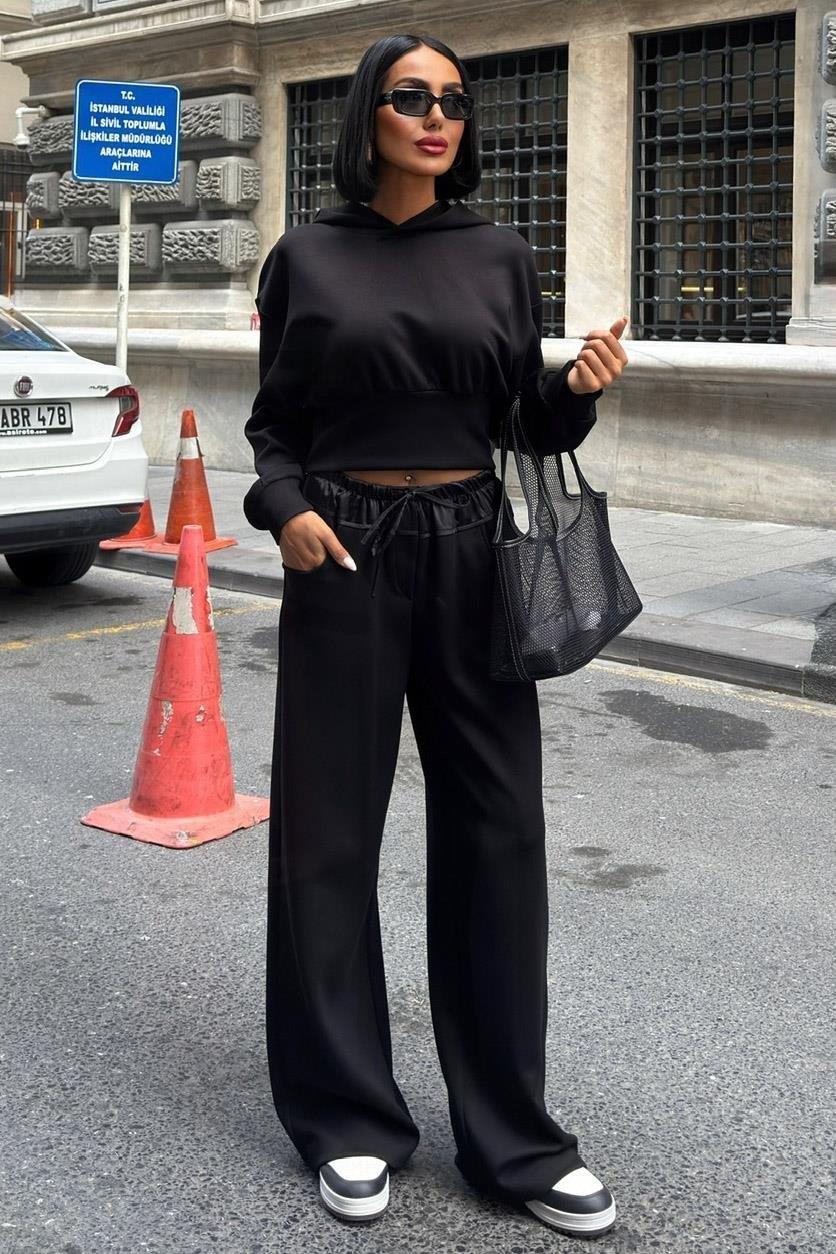 Beli Saten Detaylı Kapüşonlu Modal Takım 10242