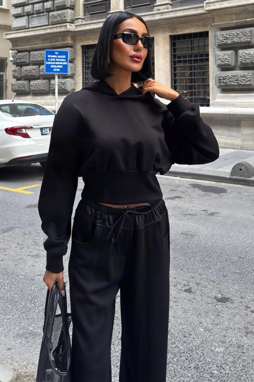 Beli Saten Detaylı Kapüşonlu Modal Takım 10242