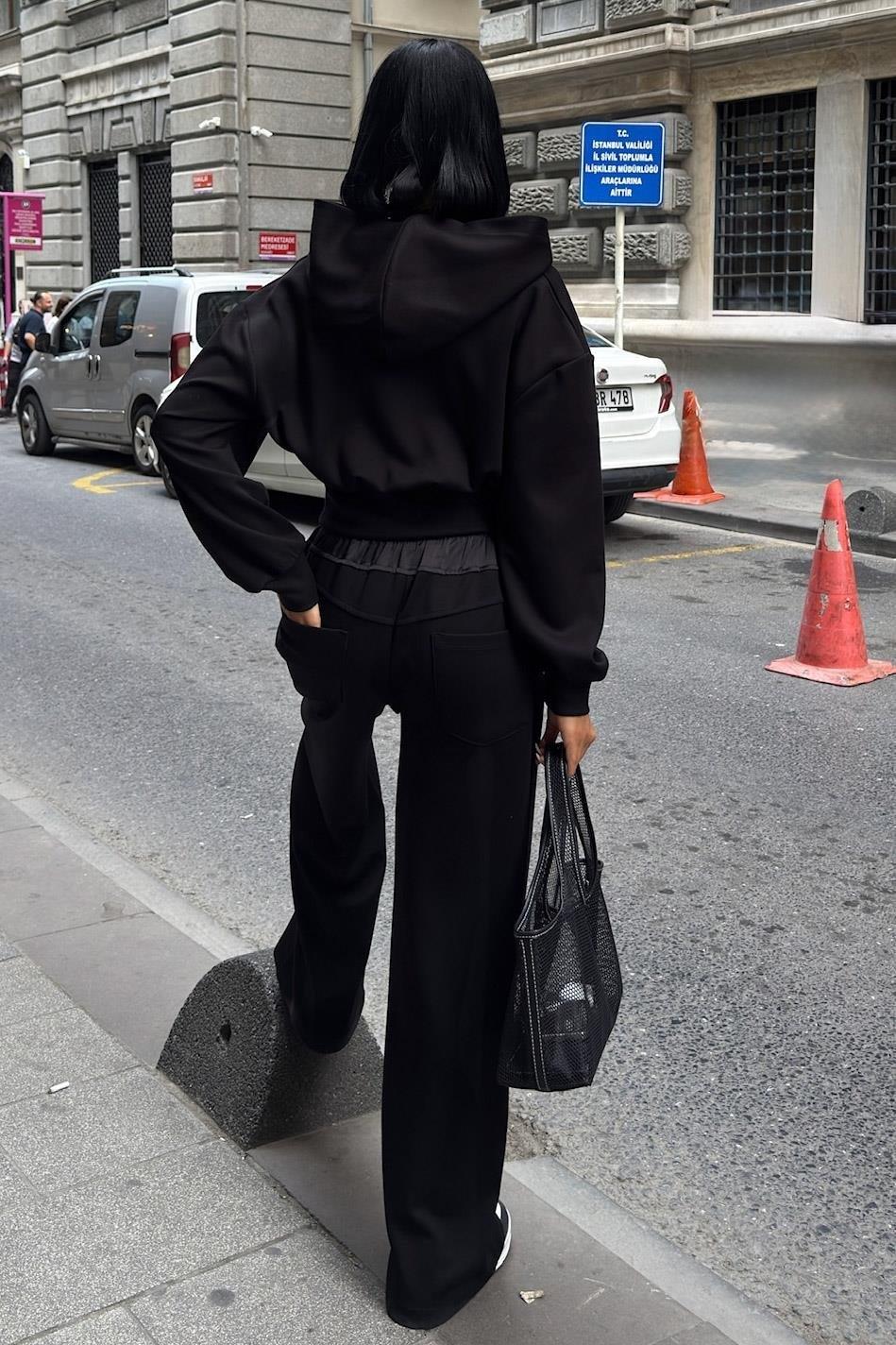 Beli Saten Detaylı Kapüşonlu Modal Takım 10242