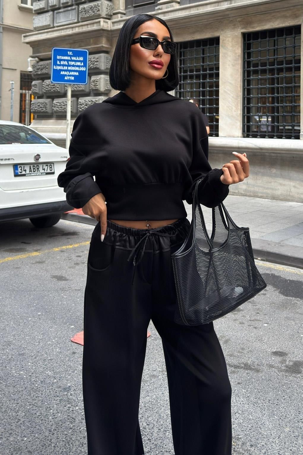 Beli Saten Detaylı Kapüşonlu Modal Takım 10242