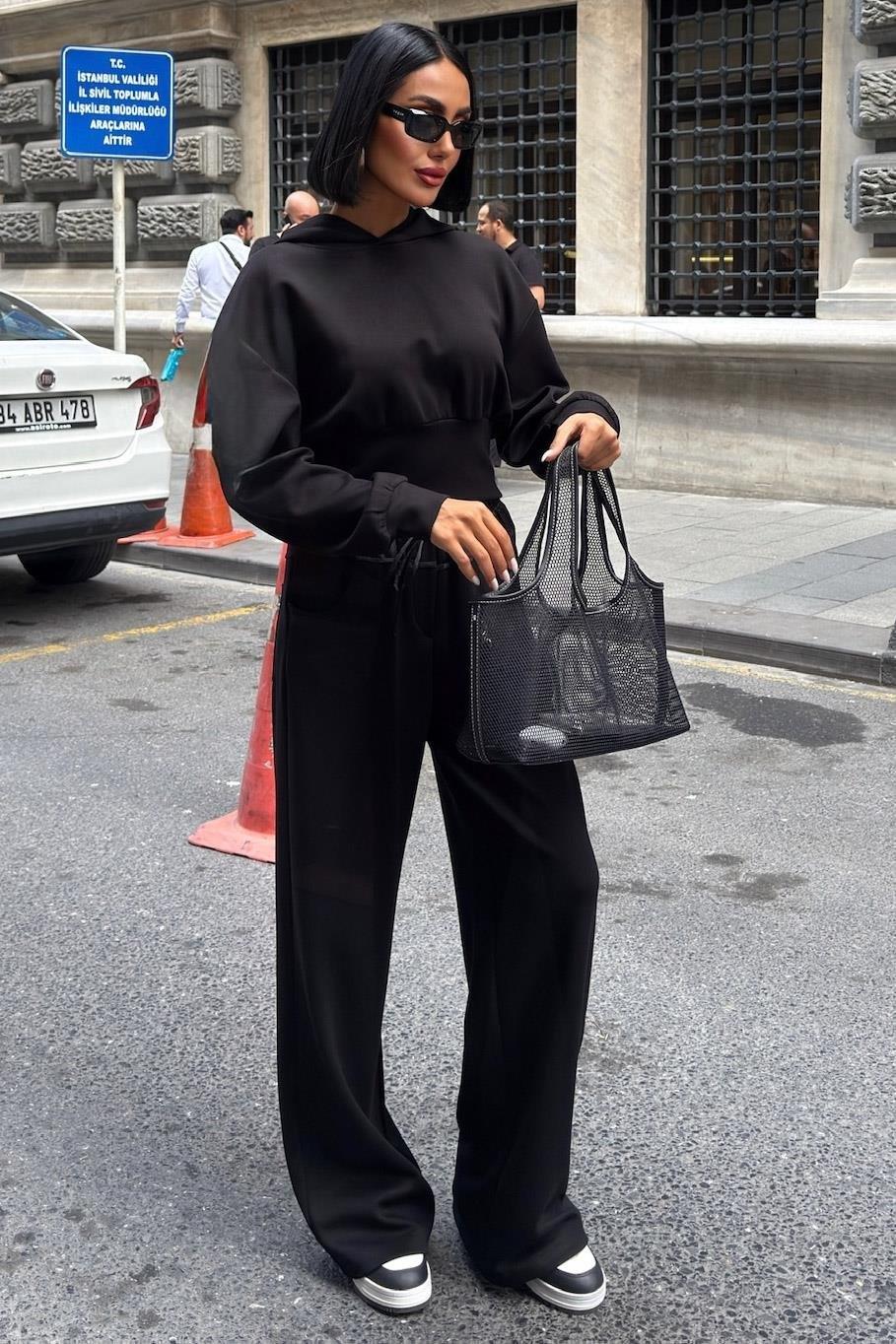 Beli Saten Detaylı Kapüşonlu Modal Takım 10242