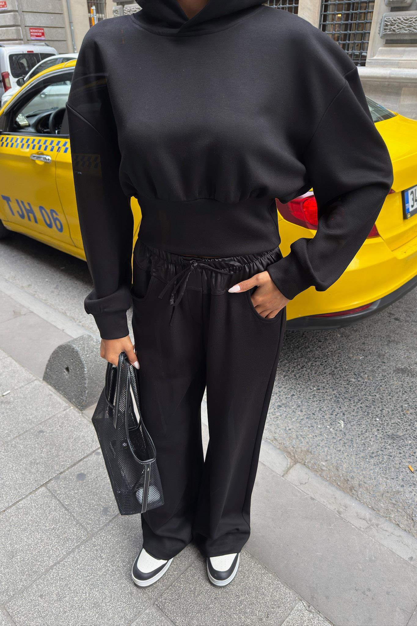 Beli Saten Detaylı Kapüşonlu Modal Takım 10242