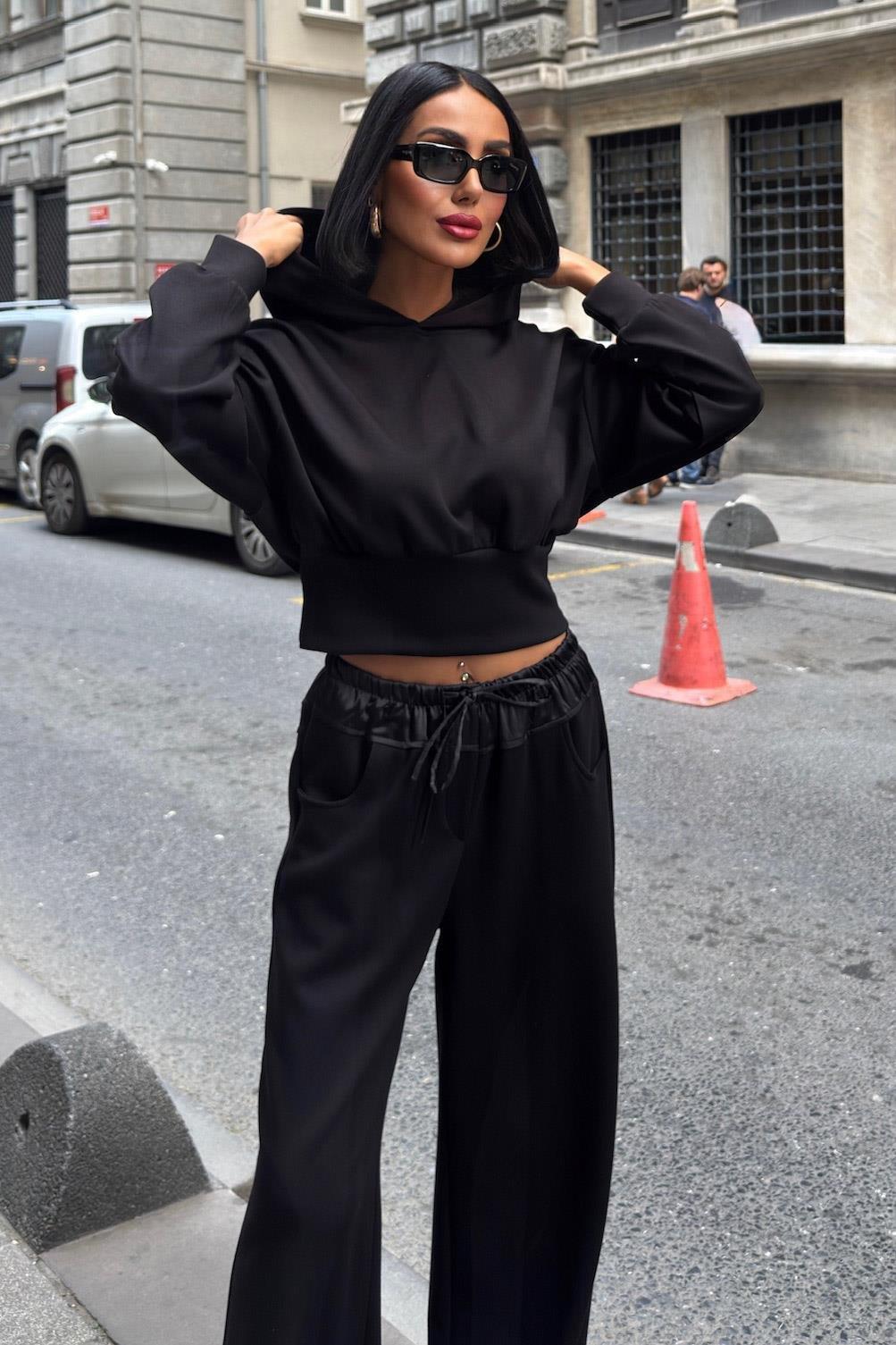 Beli Saten Detaylı Kapüşonlu Modal Takım 10242