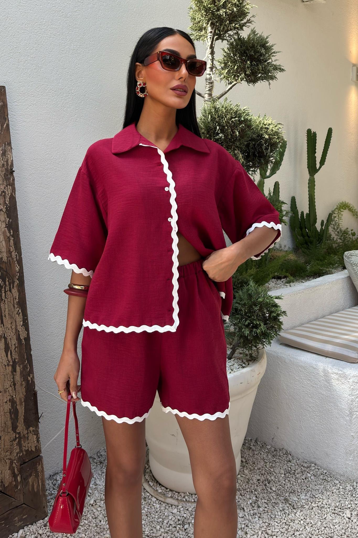 Biye Detaylı Şortlu Keten Takım 10123 R8-G-K5