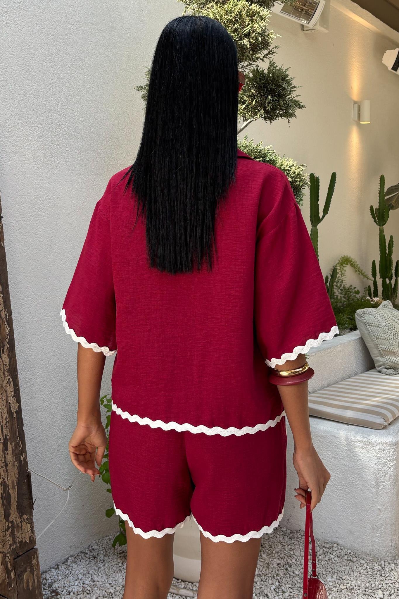 Biye Detaylı Şortlu Keten Takım 10123 R8-G-K5