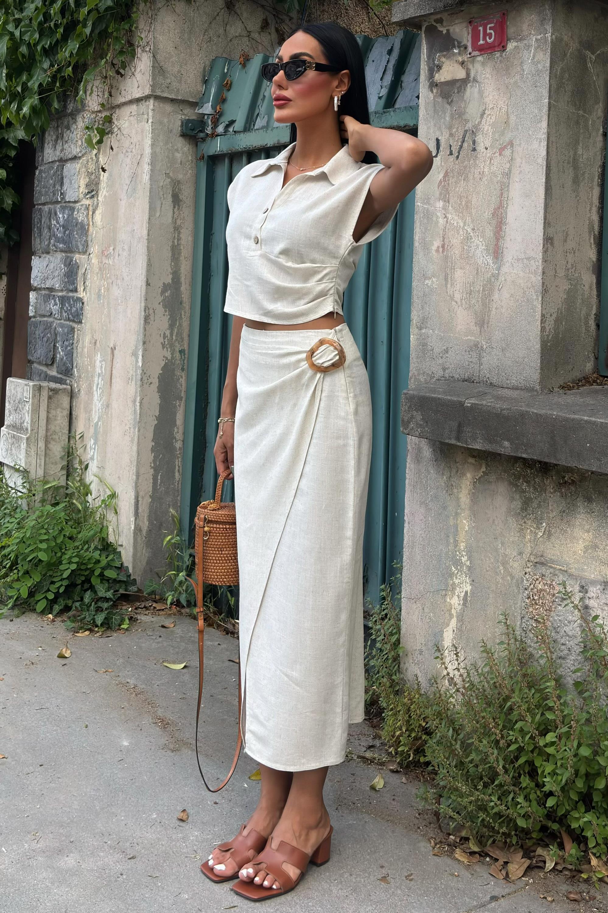 Bluzu Büzgülü ve Eteği Tokalı Keten Takım 10204 R8-E-K4