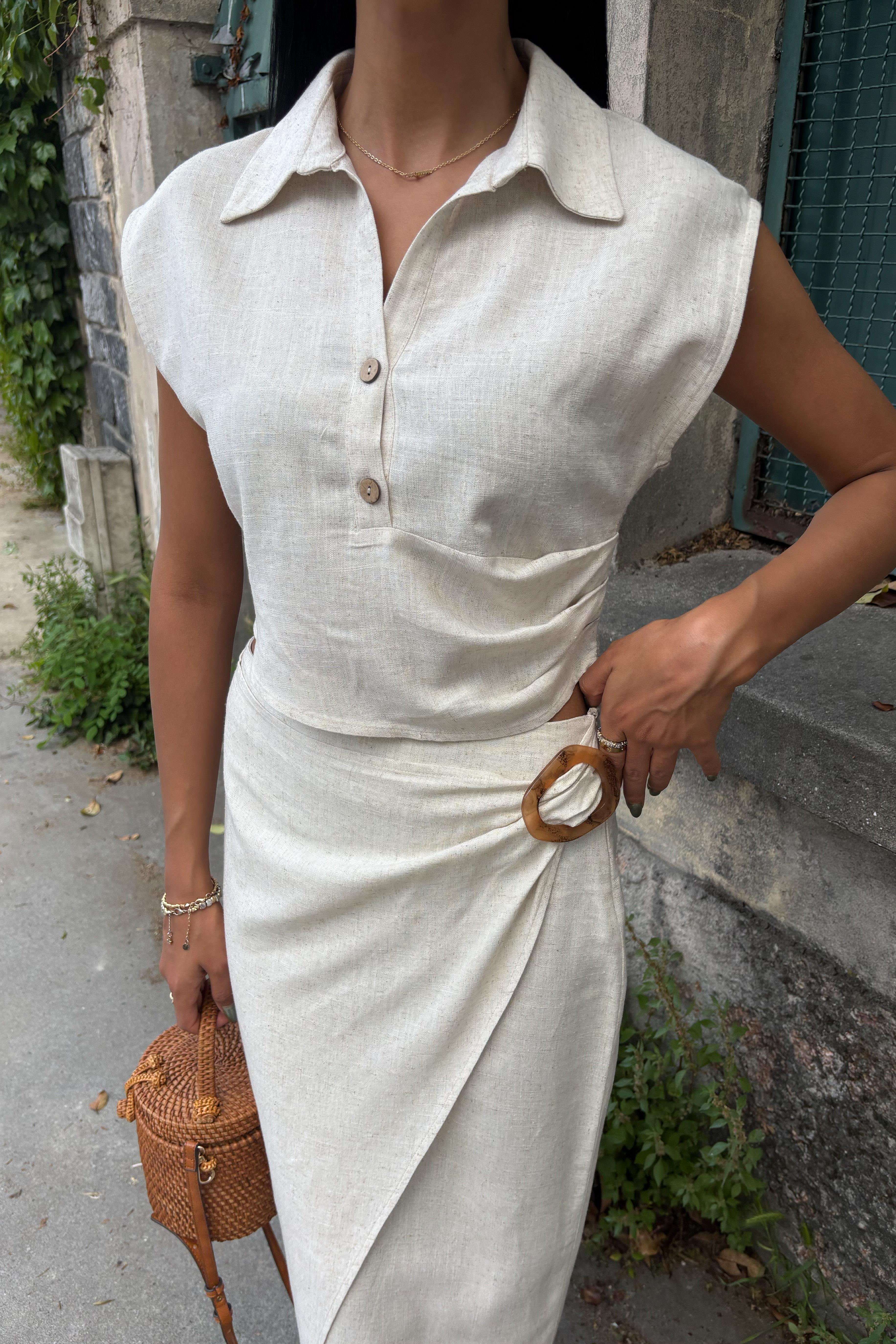 Bluzu Büzgülü ve Eteği Tokalı Keten Takım 10204 R8-E-K4