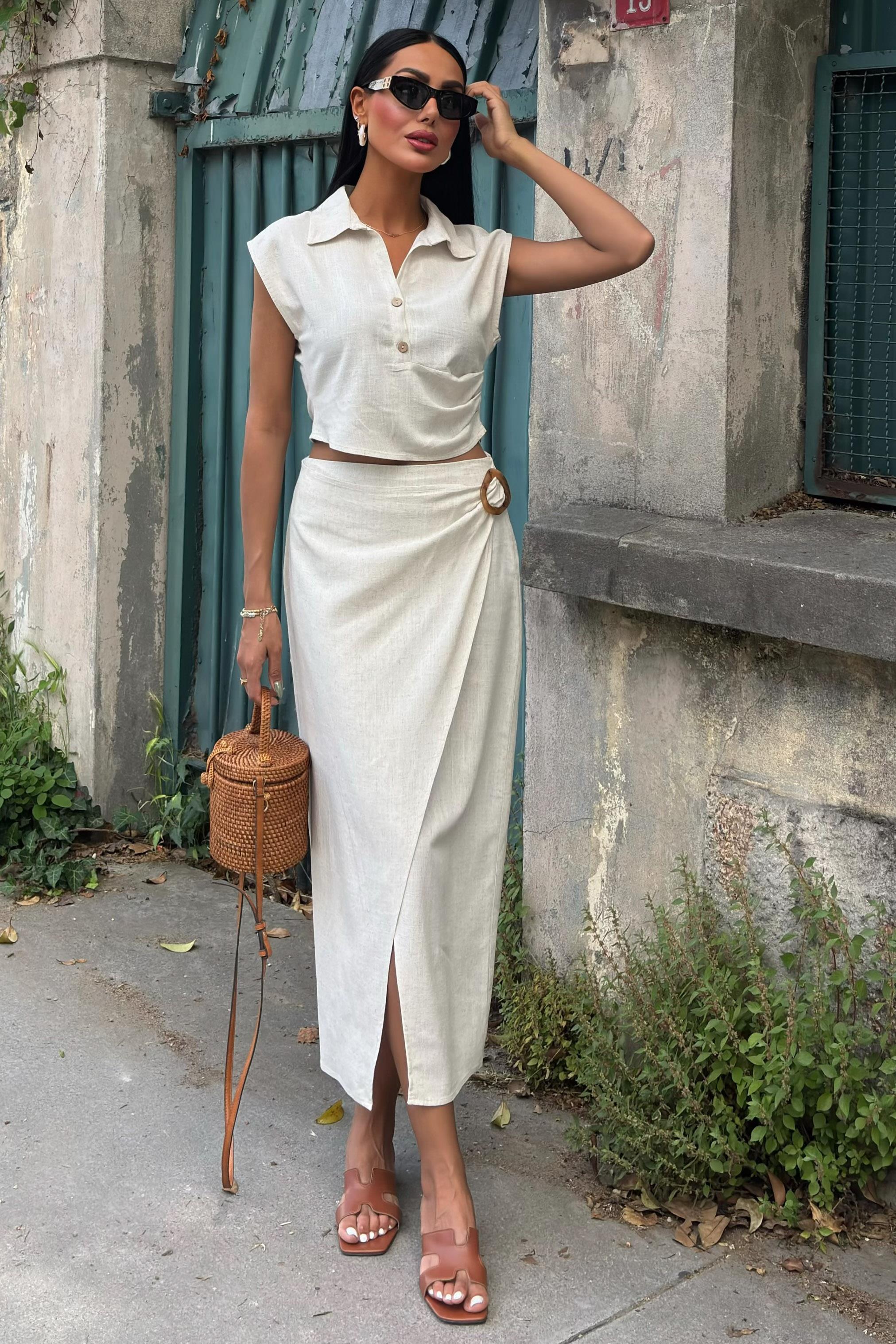 Bluzu Büzgülü ve Eteği Tokalı Keten Takım 10204 R8-E-K4