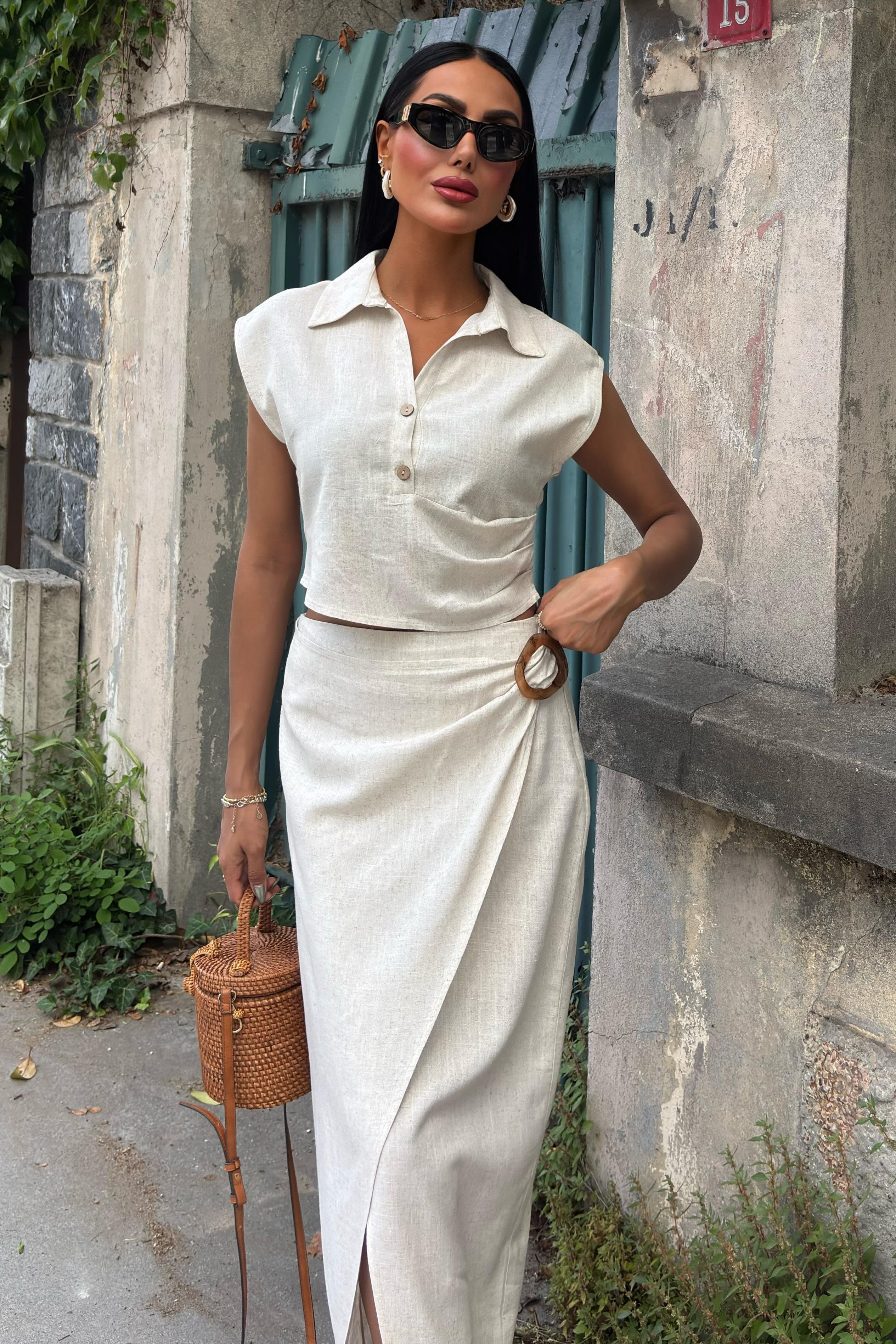 Bluzu Büzgülü ve Eteği Tokalı Keten Takım 10204 R8-E-K4