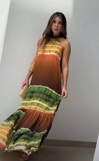 Boyundan Bağlamalı Micro Kumaş Digital Baskı Elbise