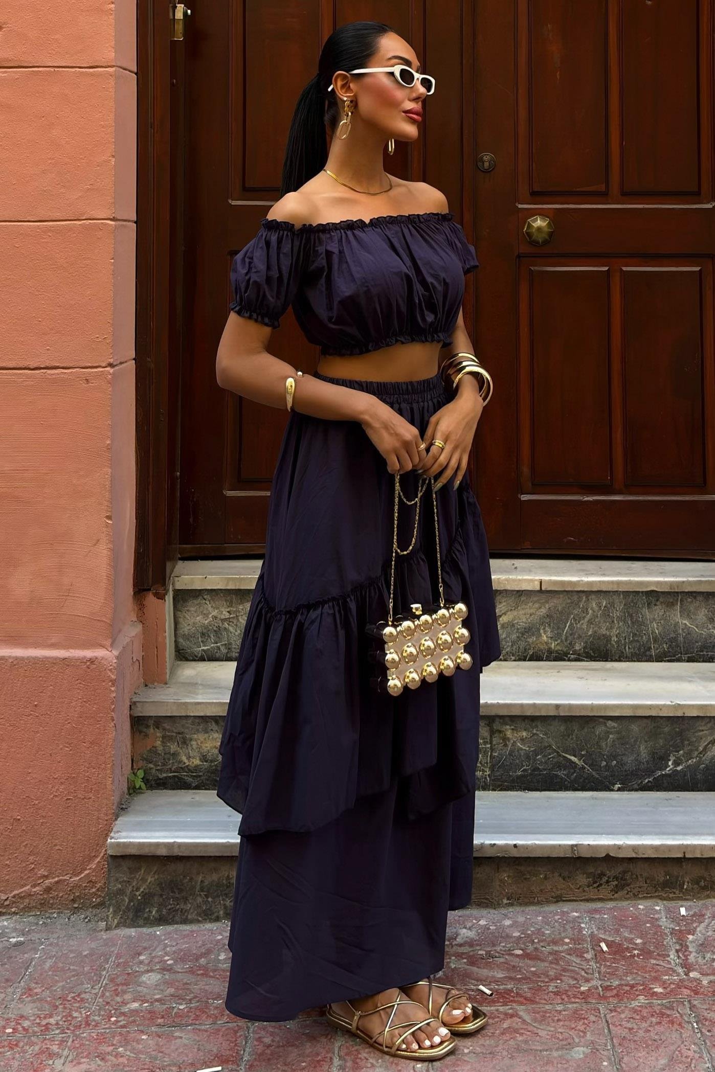 Büzgülü Crop Kat Detaylı Fırfır Etekli Takım 10196 R8-B-K3