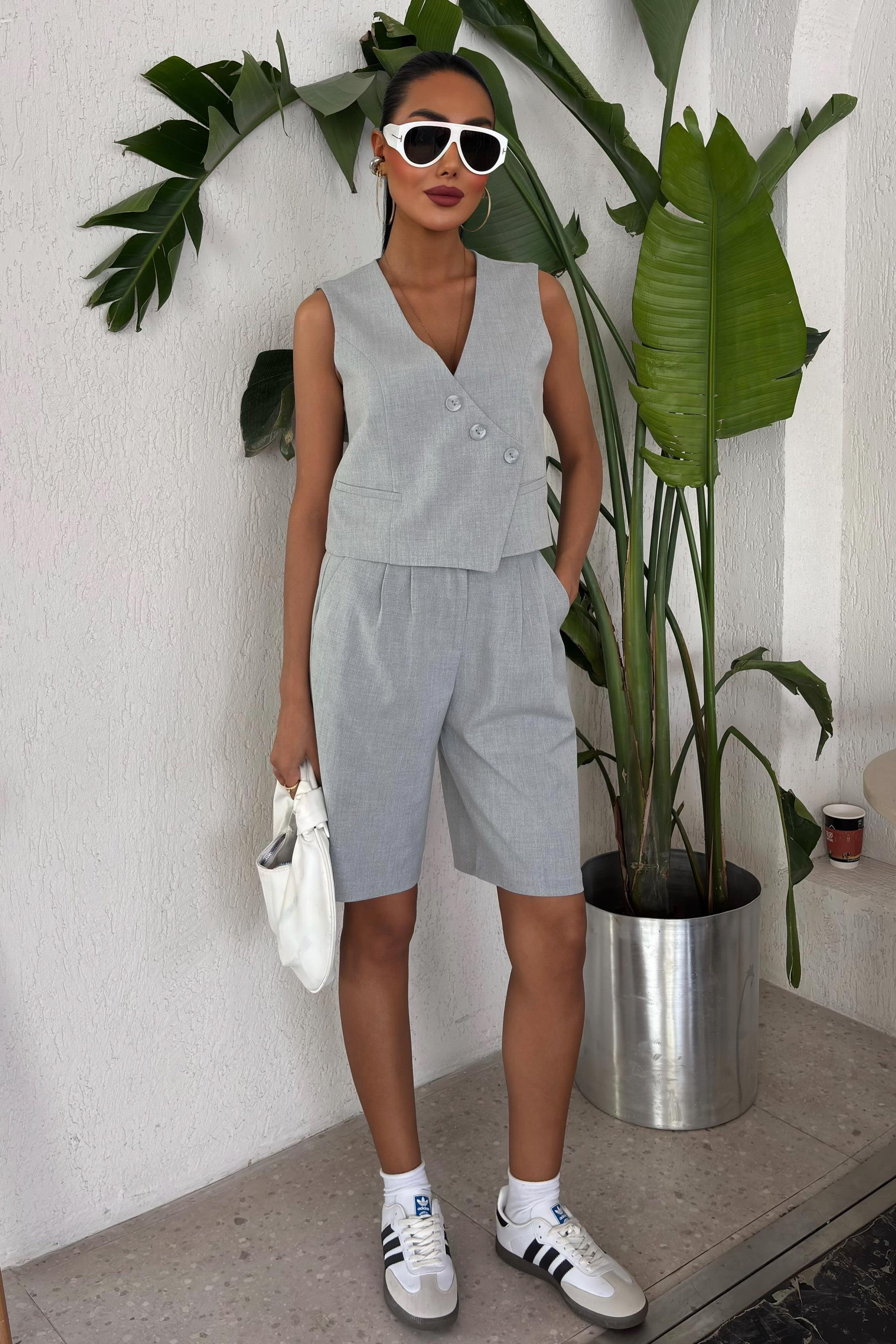 Çapraz Düğmeli ve Bermuda Şortlu Yelekli Takım 10171 R9-I-K5