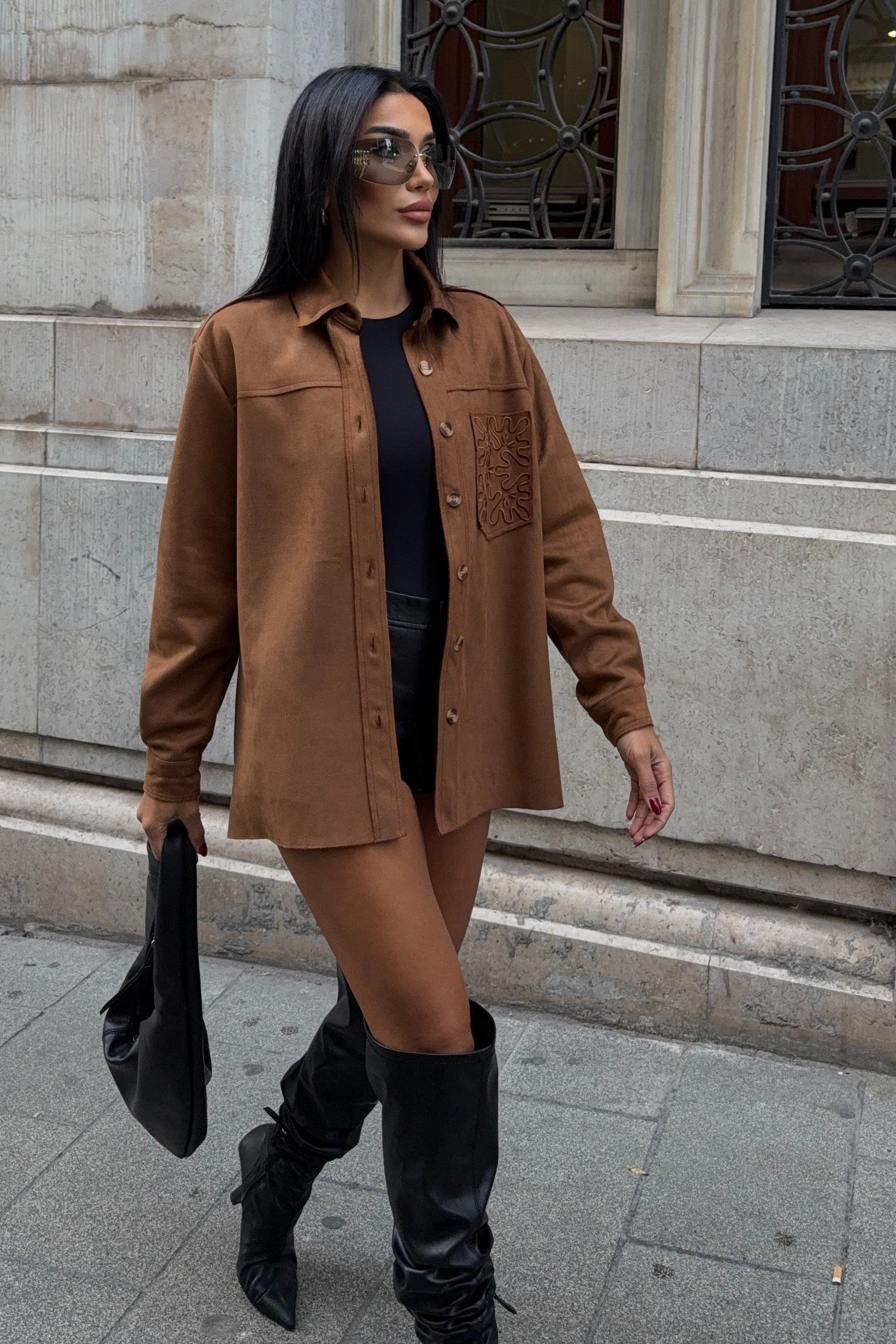 Cebi Nakış Detaylı Süet Gömlek 3484