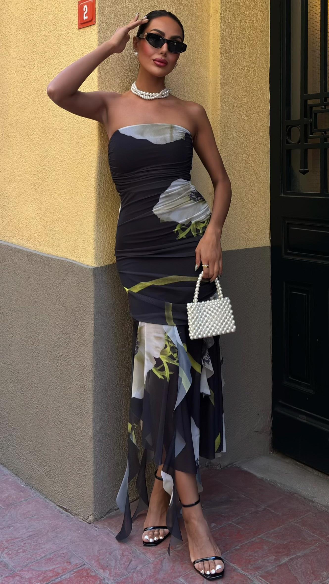 Çiçek Desenli Parçalı Tül Elbise 2622-08