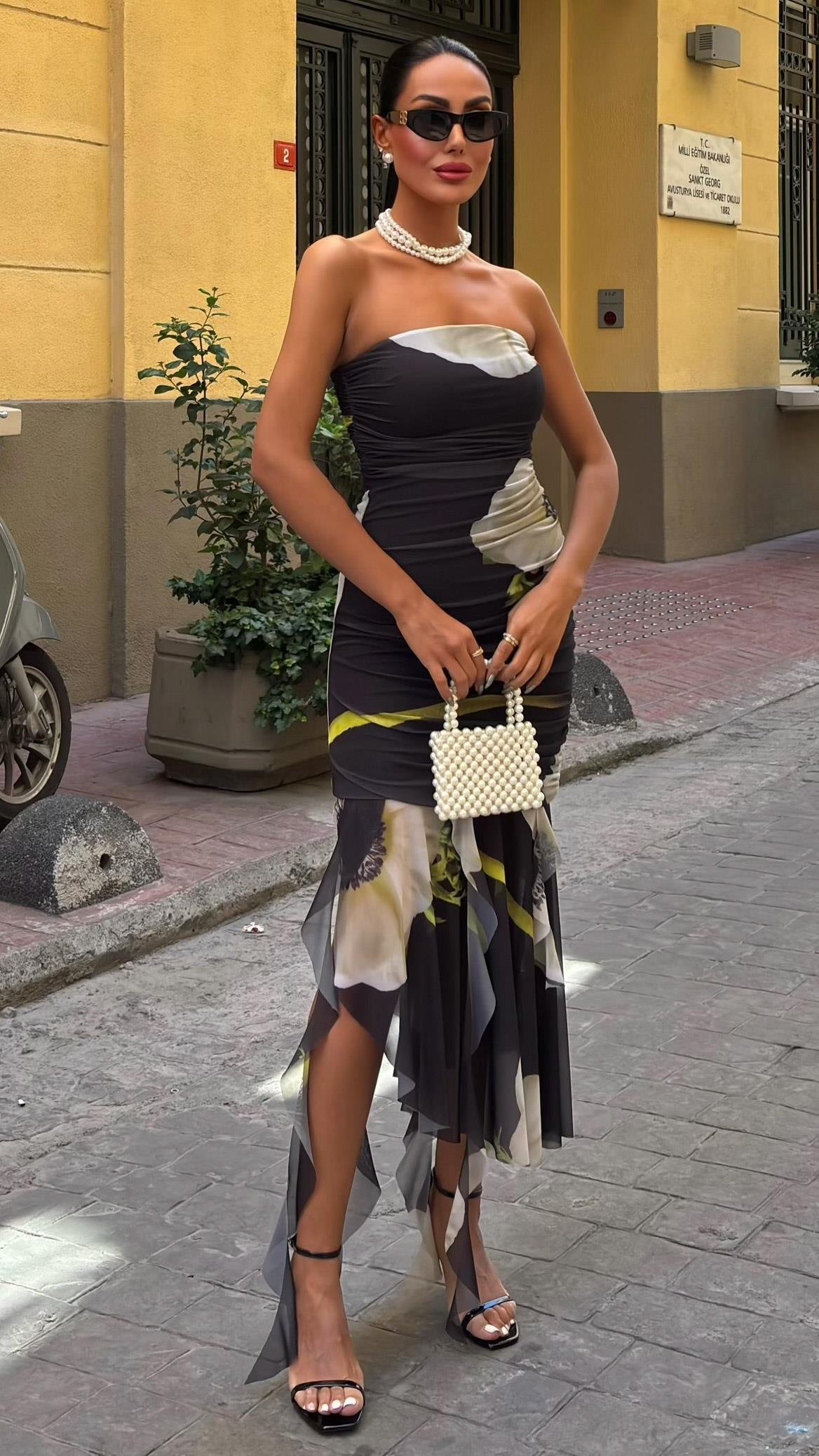 Çiçek Desenli Parçalı Tül Elbise 2622-08