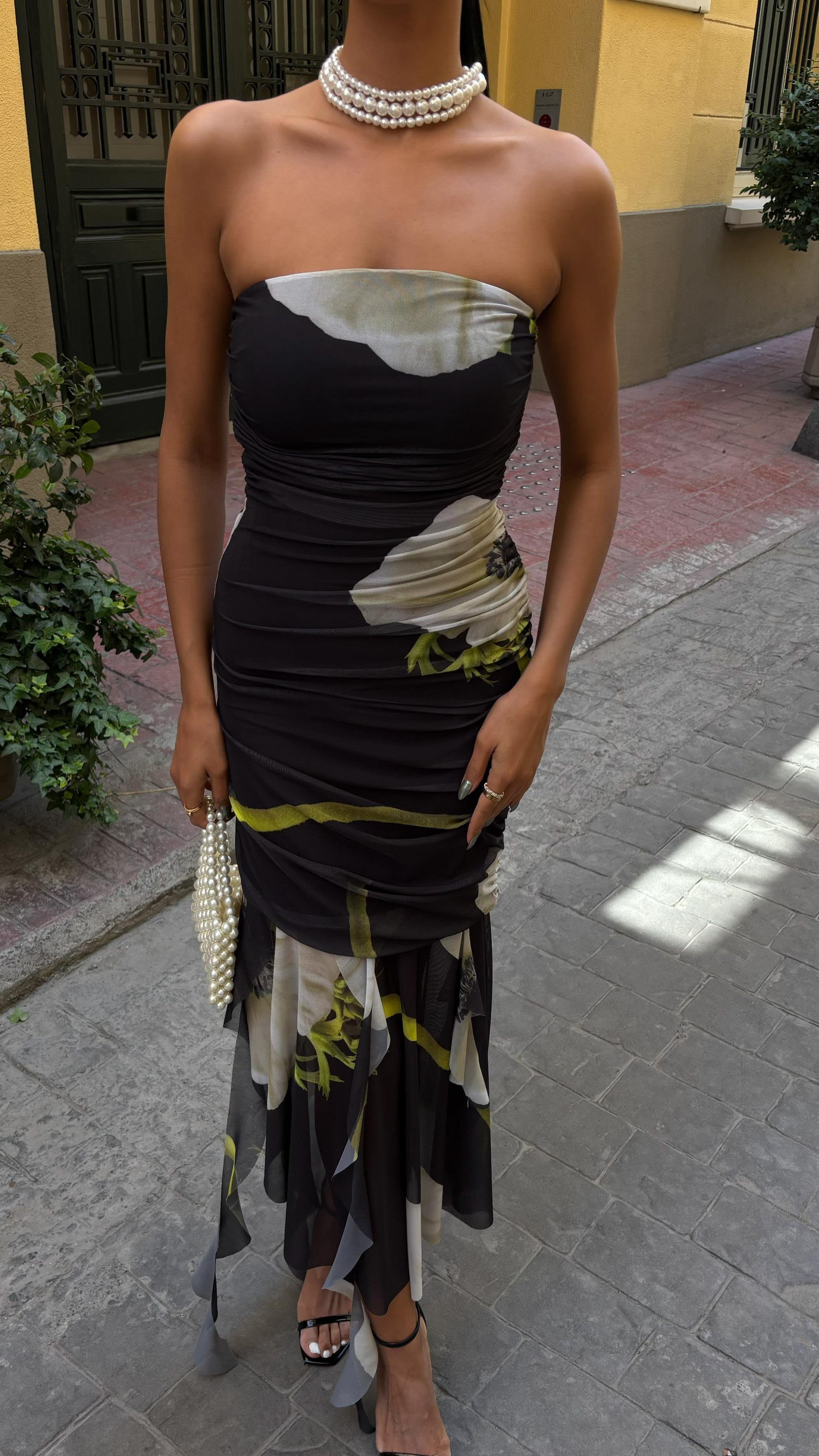 Çiçek Desenli Parçalı Tül Elbise 2622-08