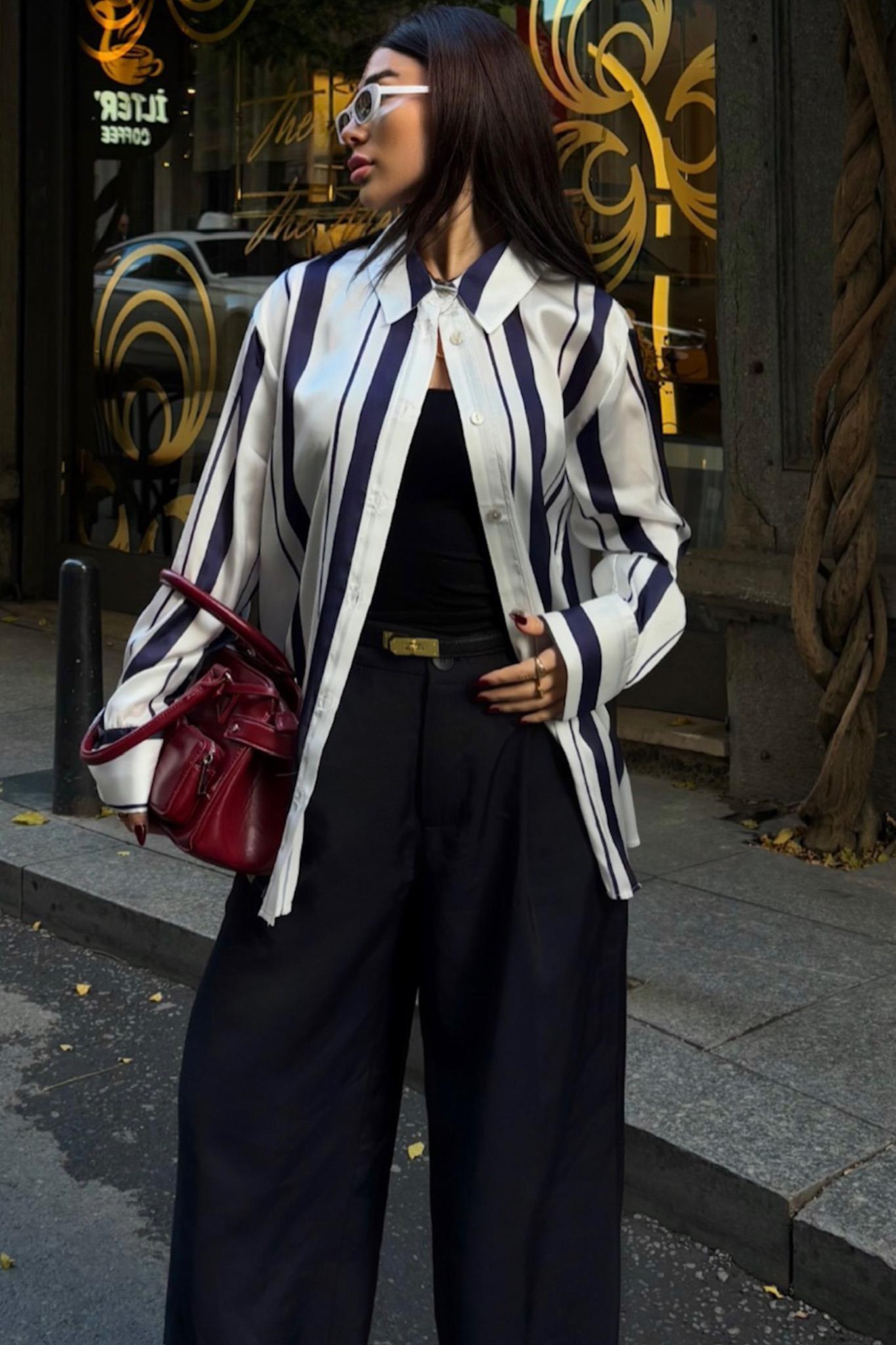 Çift Çizgili Saten Gömlek 3416 R5-K-K3