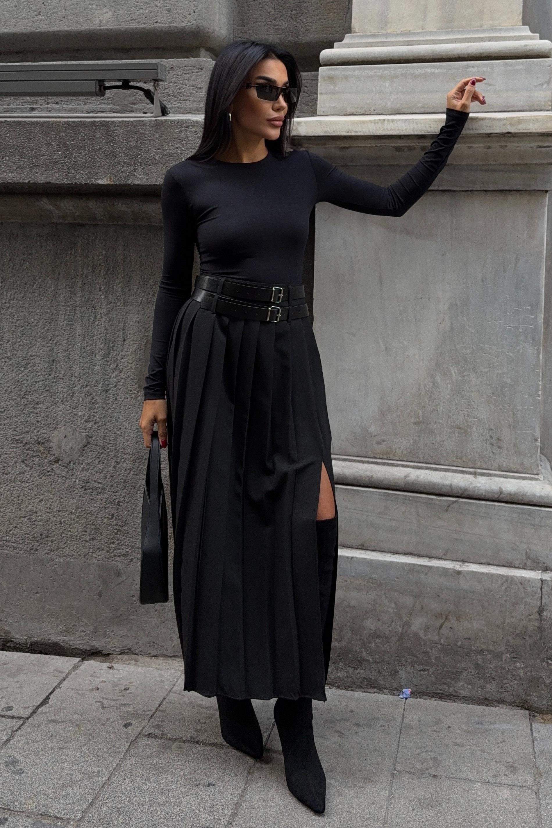 Çift Kemer Detaylı ve Yırtmaçlı Pileli Etek 4055