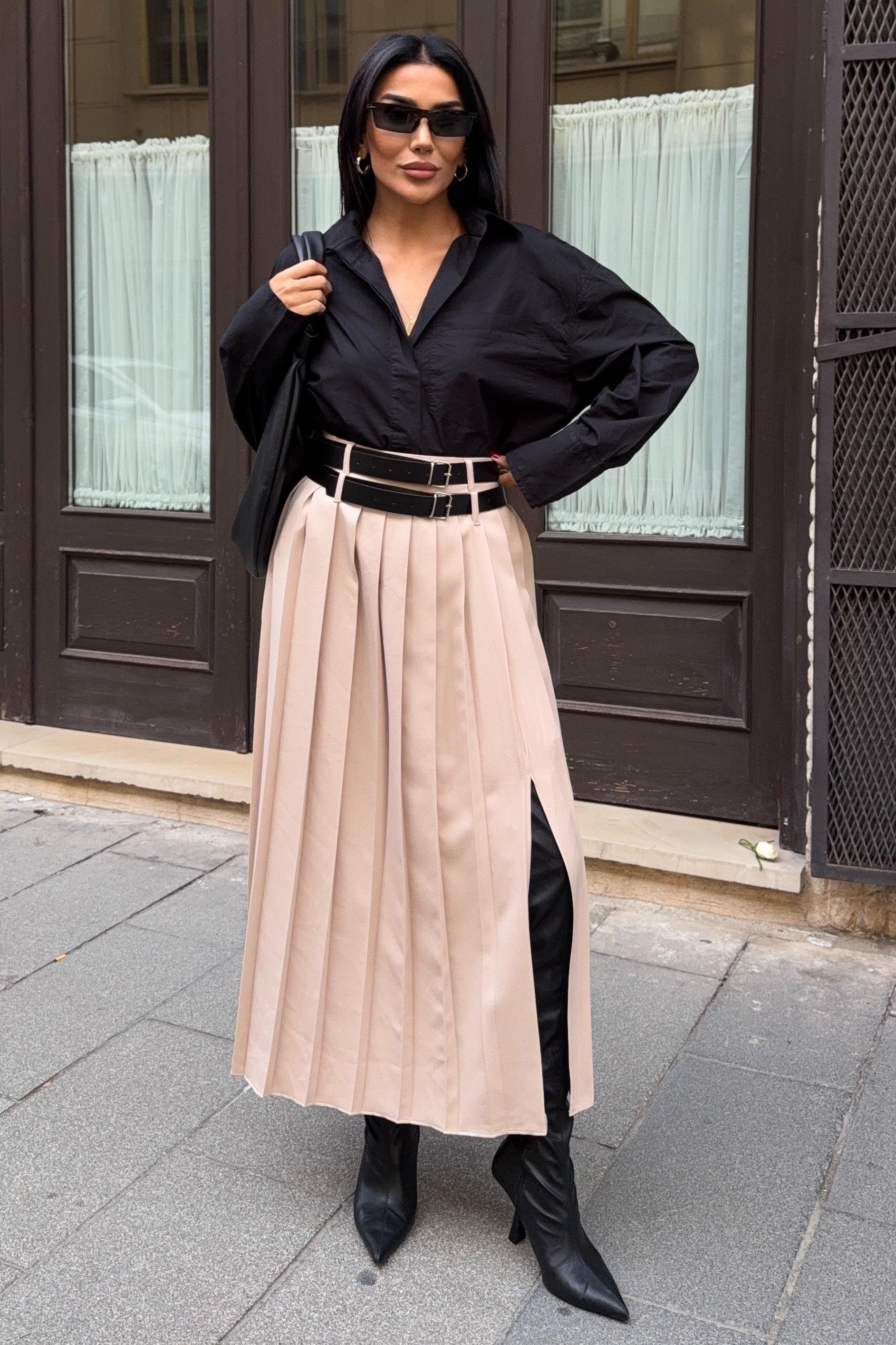 Çift Kemer Detaylı ve Yırtmaçlı Pileli Etek 4055