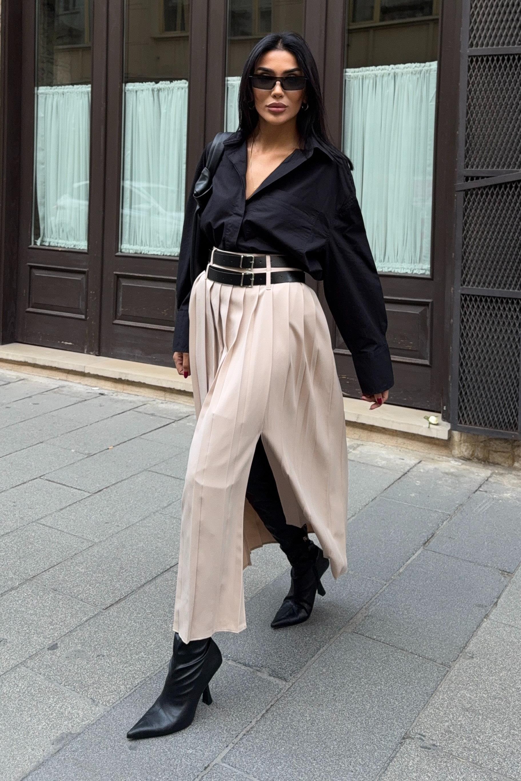 Çift Kemer Detaylı ve Yırtmaçlı Pileli Etek 4055