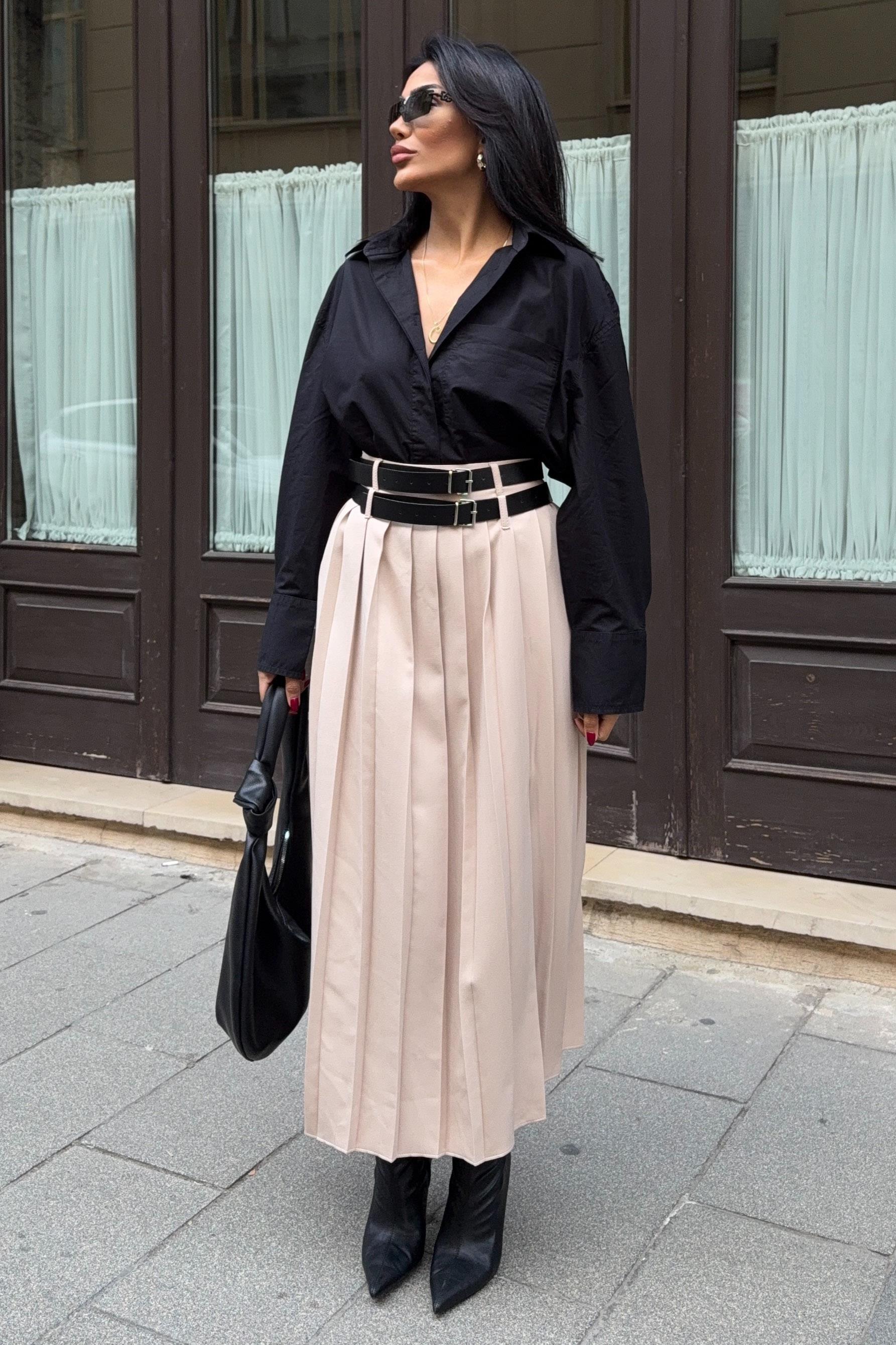 Çift Kemer Detaylı ve Yırtmaçlı Pileli Etek 4055